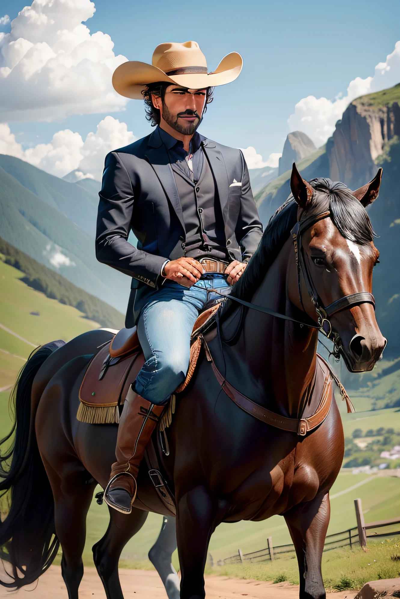 a Brazilian man in a cattleman's hat is riding his black horse, in a mountain setting, he's wearing a choir jacket , jeans and boots, He looks confident and is very handsome, o dia esta lindo e com muitas nuvens