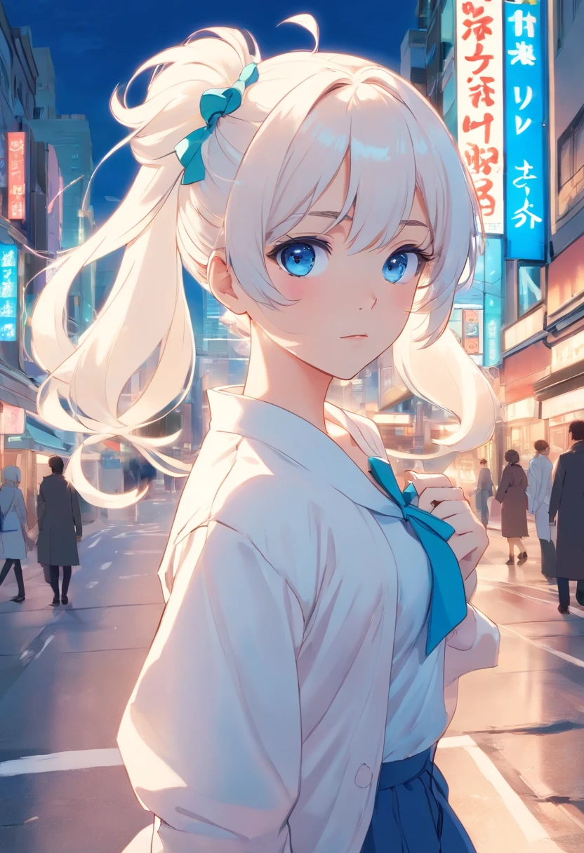 White color hair,Double ponytail curls,blue color eyes,White ta,Beth,A bustling city street