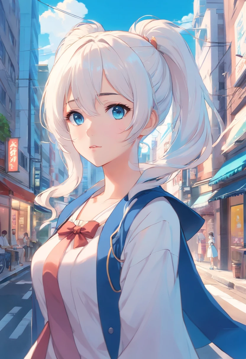 White color hair，Double ponytail curls，blue color eyes，White Lolita，Beth，A bustling city street
