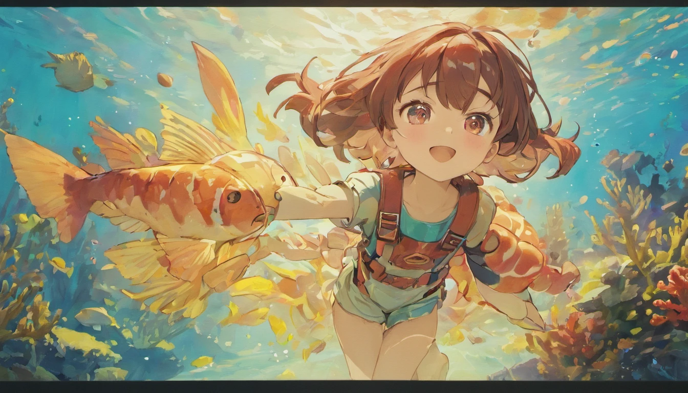Frontal image of a 5--old l standing, happy, with brown hair, brown eyes, rosy cheeks, arms spread apart, legs apart, wearing diving goggles, a pink diving suit, diving gloves, and diving shoes, underwater among corals and fish, in the style of a children's book illustration.