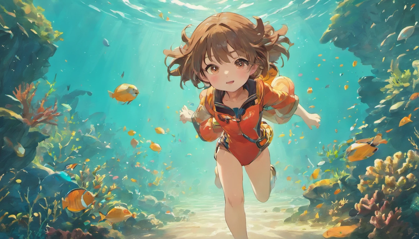 Frontal image of a 5-year-old girl standing, happy, with brown hair, brown eyes, rosy cheeks, arms spread apart, legs apart, wearing diving goggles, a pink diving suit, diving gloves, and diving shoes, underwater among corals and fish, in the style of a children's book illustration.