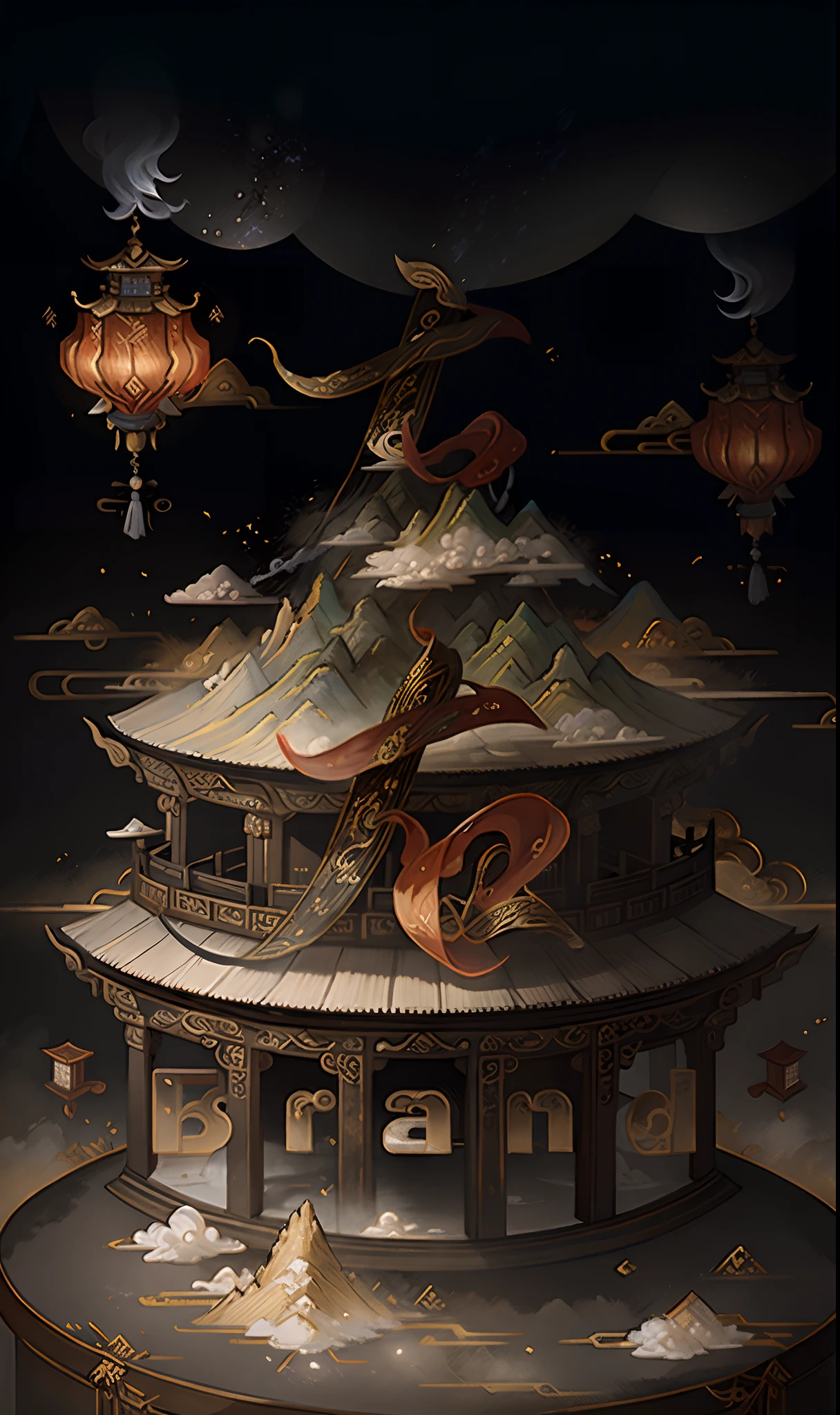 An ancient Chinese painting， ancient chinese background， mountain ranges， rios， Auspicious clouds， Pavilions， rays of moonlight， tmasterpiece， super detailing， Epic composition， hyper HD， high qulity， extremely detaile， offcial art， 统一 8k 壁纸， super detailing， 32k -- v 6