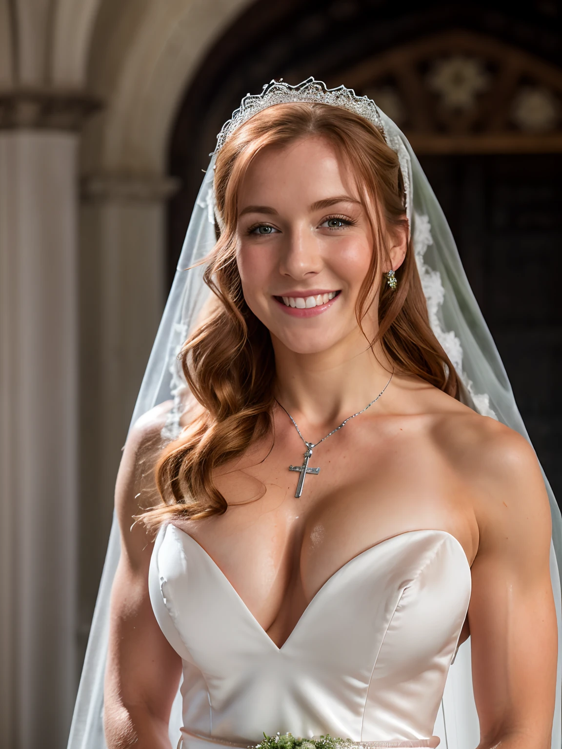 attractive welsh woman, ripped muscle, muscular body, pale skin, smiling(blush), bride dress, veil, cross pendant, sixpack abs, [ultra detailed skin:1.2], ginger hair, green eyes, long hair, 8k uhd, full body, stand, sweat, cum on face, crowd, bathroom, night,