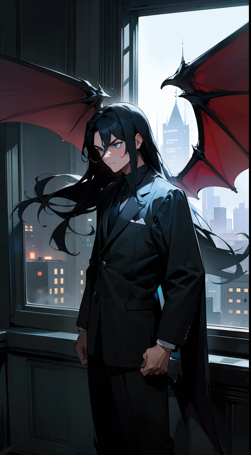 1man,solo,40s,serious face,teacher outfit, dark black hair,long hair,black dragon wings,blue eyes,standing in front of a window, night city