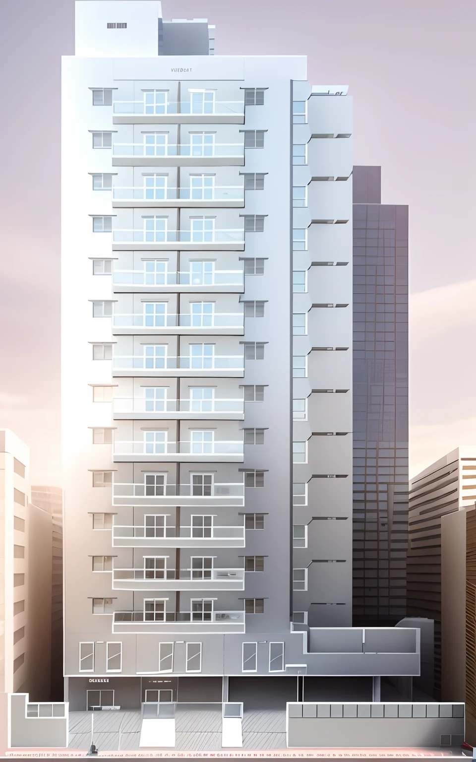 a drawing of a tall building with many windows and many windows, multistory building, full building, elevation view, architectural section, Architectural plan, Construction plans, single building, street elevation, side elevation, cascading highrise, planta baixa, elevation, architectural concept diagram, front elevation, elevation on the right, architectural scale, building facing, perspective view, paredes acizentadas, janelas de vidro, 3D Building, best quality, 8k