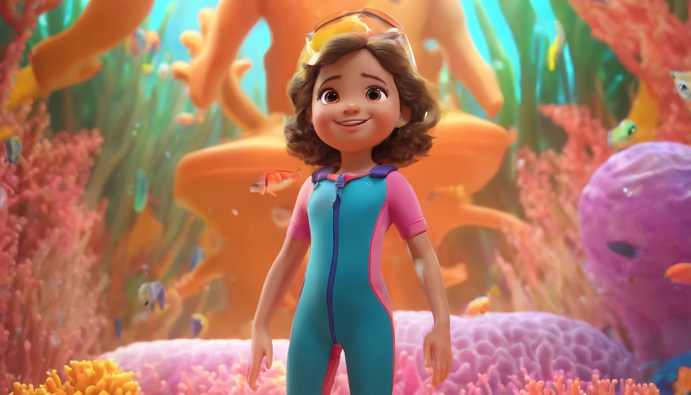 Frontal image of a 5-year-old girl standing, happy, with brown hair, brown eyes, rosy cheeks, arms spread apart, legs apart, wearing diving goggles, a pink diving suit, diving gloves, and diving shoes, underwater among corals and fish, in the style of a children's book illustration.