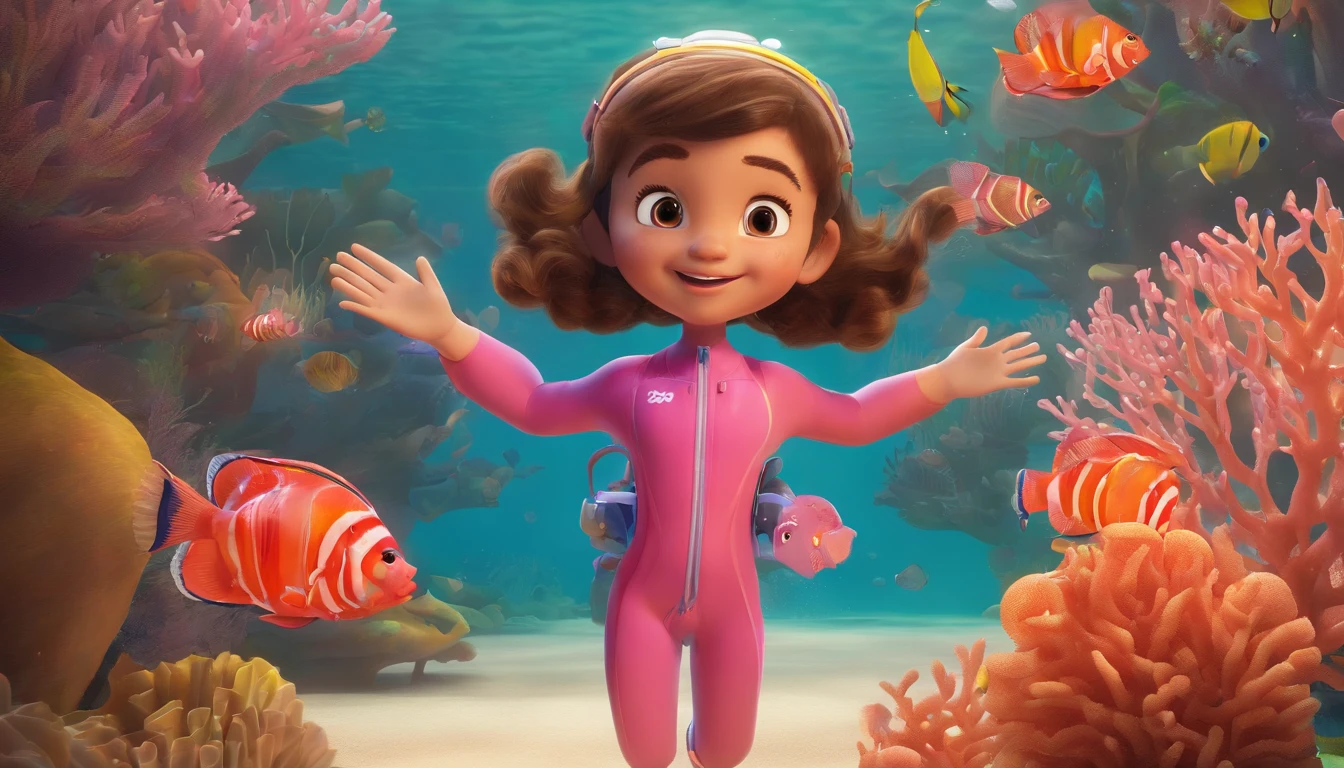 Frontal image of a 5-year-old girl standing, happy, with brown hair, brown eyes, rosy cheeks, arms spread apart, legs apart, wearing diving goggles, a pink diving suit, diving gloves, and diving shoes, underwater among corals and fish, in the style of a children's book illustration.