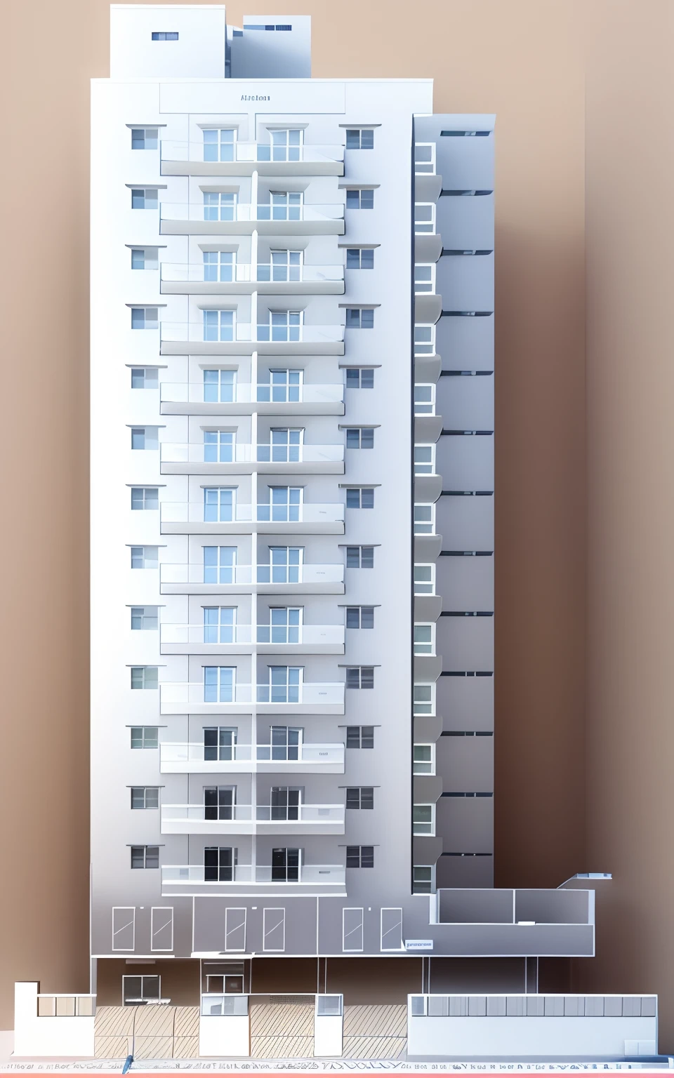 a drawing of a tall building with many windows and many windows, multistory building, full building, elevation view, architectural section, Architectural plan, Construction plans, single building, street elevation, side elevation, cascading highrise, planta baixa, elevation, architectural concept diagram, front elevation, elevation on the right, architectural scale, building facing, perspective view, paredes acizentadas, janelas de vidro, 3D Building, best quality, 8k