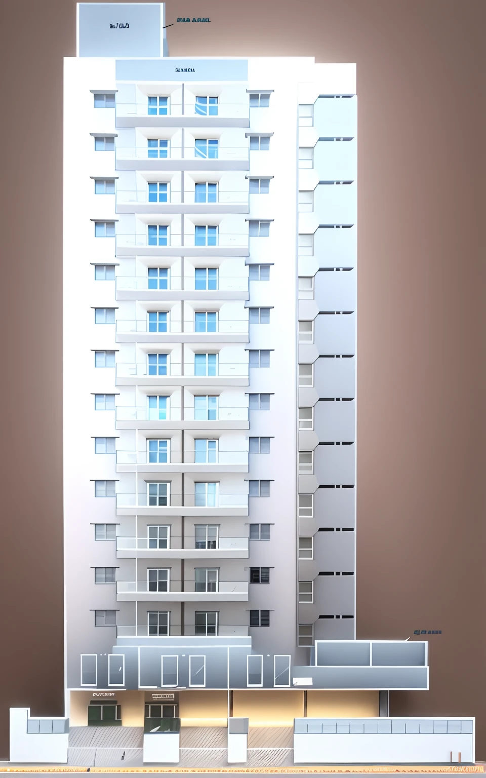 a drawing of a tall building with many windows and many windows, multistory building, full building, elevation view, architectural section, Architectural plan, Construction plans, single building, street elevation, side elevation, cascading highrise, planta baixa, elevation, architectural concept diagram, front elevation, elevation on the right, architectural scale, building facing, perspective view, paredes acizentadas, janelas de vidro, 3D Building, best quality, 8k