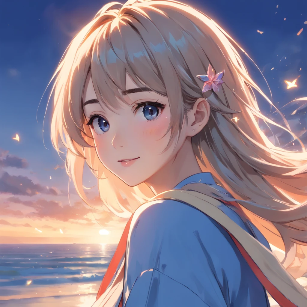 Illustration of a woman's face、High-quality, detailed splash art、Splashes are flying、Gentle smile、Hair is light blue、The hair in the area exposed to the light is pink、Hair in the wind、Contre-Jour、Woman and background in pastel colors with vivid pale tones、Luminous pendant、(​masterpiece, ultra-detailliert, top-quality, hight resolution, extremely delicate and beautiful:1.3), dynamic ungle, (详细的脸),, RAW Photography, HDR, (hyper realisitic, realisitic, extremely delicate and beautiful:1.3), (lifelike face, Realistic hair:1.2), Digital SLR,