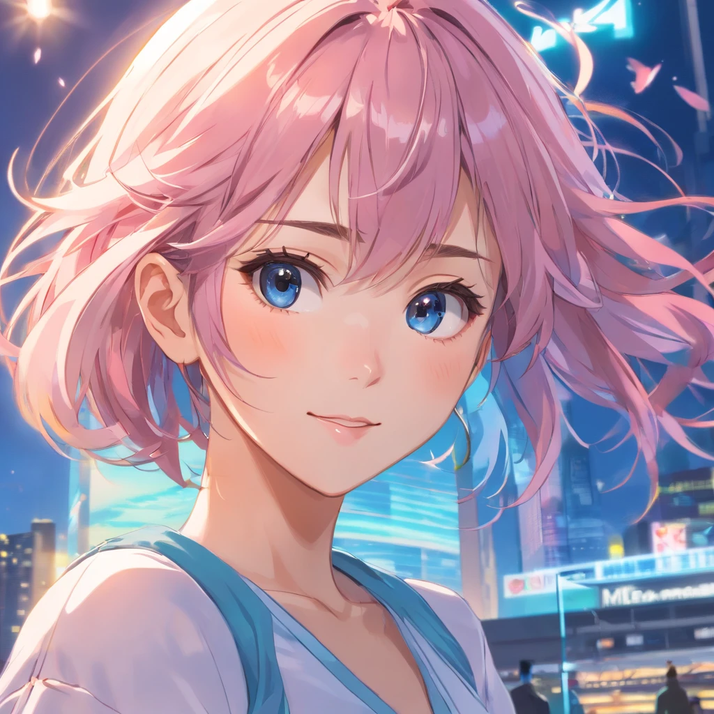 Illustration of a woman's face、High-quality, detailed splash art、Splashes are flying、Gentle smile、Hair is light blue、The hair in the area exposed to the light is pink、Hair in the wind、Contre-Jour、Woman and background in pastel colors with vivid pale tones、Luminous pendant、(masterpiece, ultra-detailliert, top-quality, hight resolution, extremely delicate and beautiful:1.3), dynamic ungle, (详细的脸),, RAW Photography, HDR, (hyper realisitic, realisitic, extremely delicate and beautiful:1.3), (lifelike face, Realistic hair:1.2), Digital SLR,