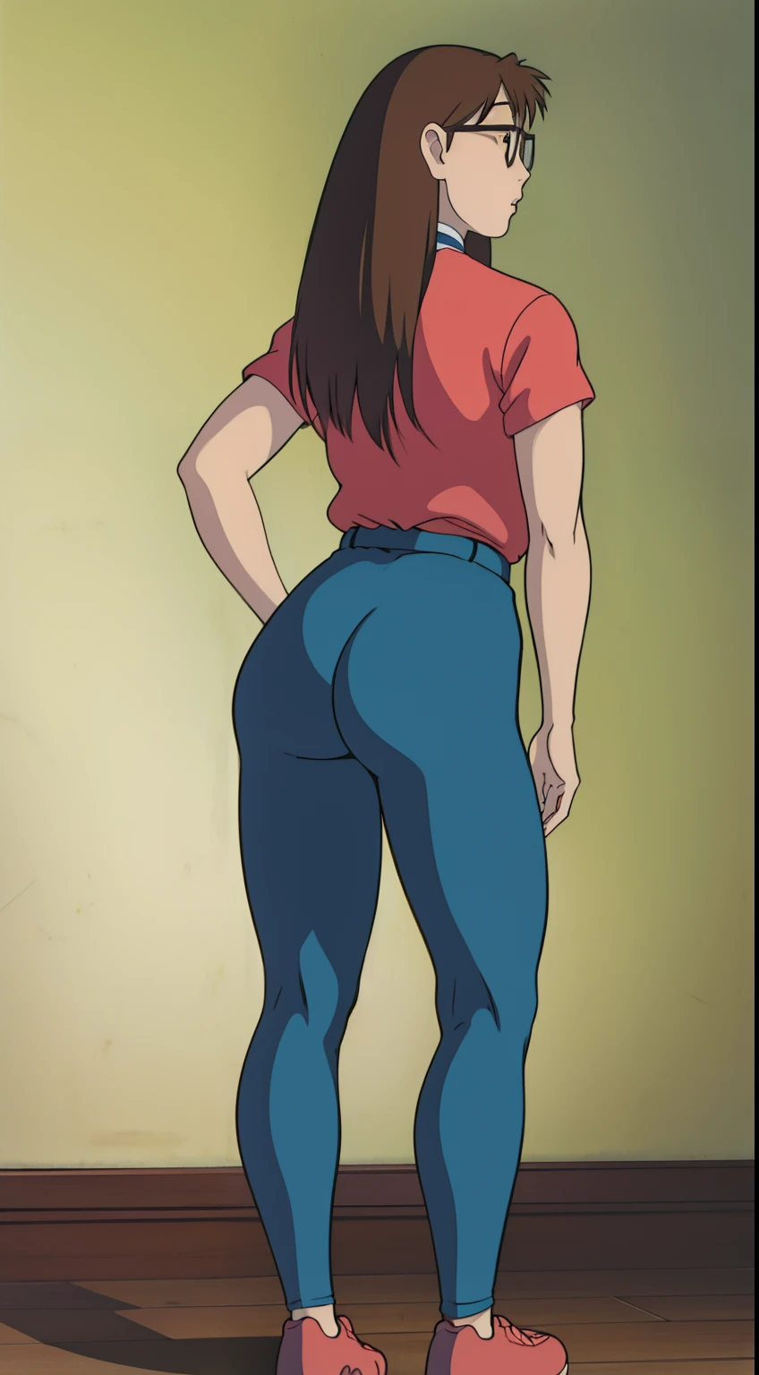 Koyomi Mizuhara, brown hair, Long hair, glasses, leotard, medium breasts, biker shorts, firm bubble butt, thong piece over, medium socks, shoes, high quality, Pinup, Wallpaper, skin tight, view from behind