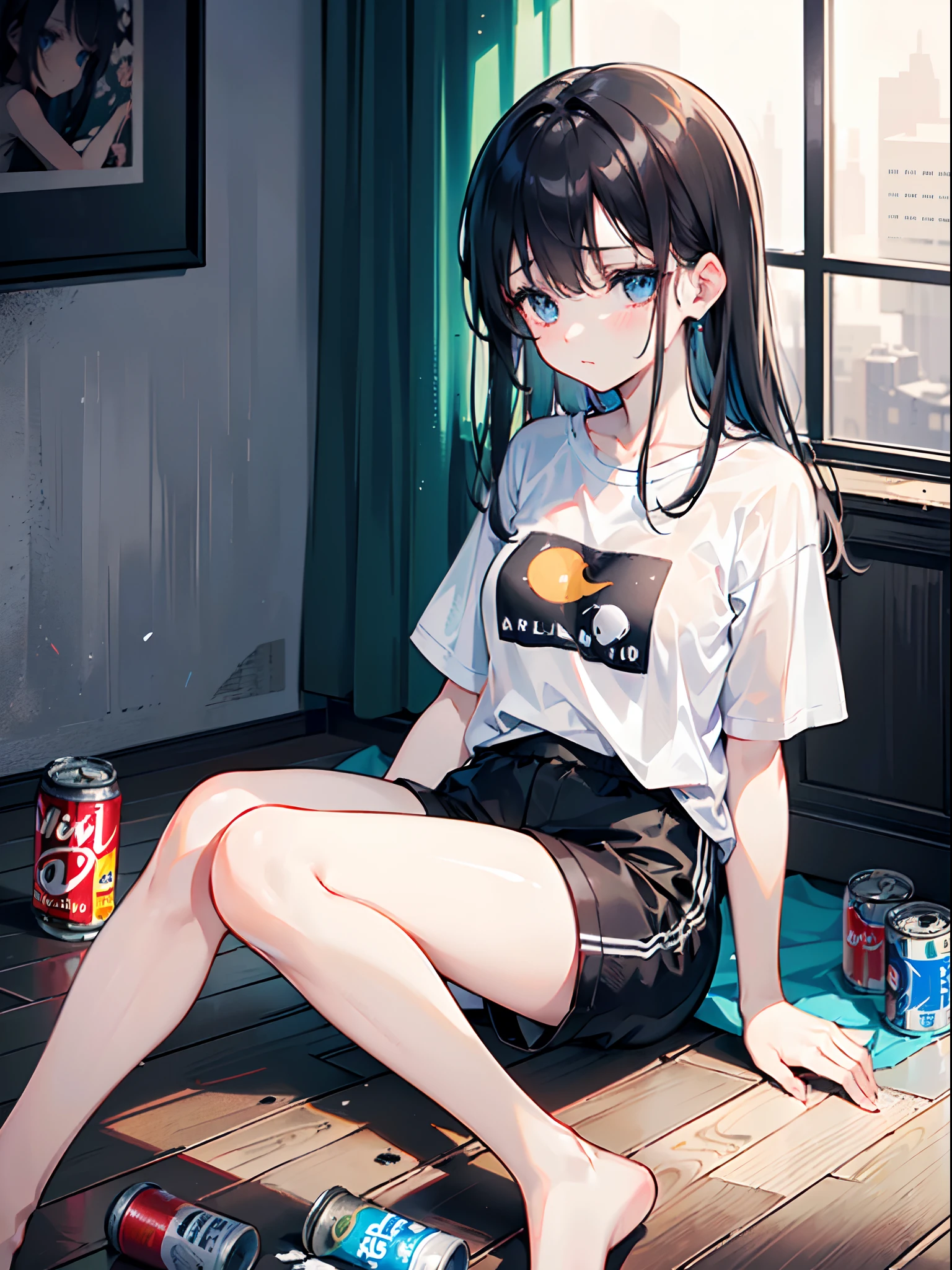 1 girl, smiling, freckles, straight hair, brown eyes, black shirt, short shorts, sitting on a chair, background of a balcony, insane details, intricate details