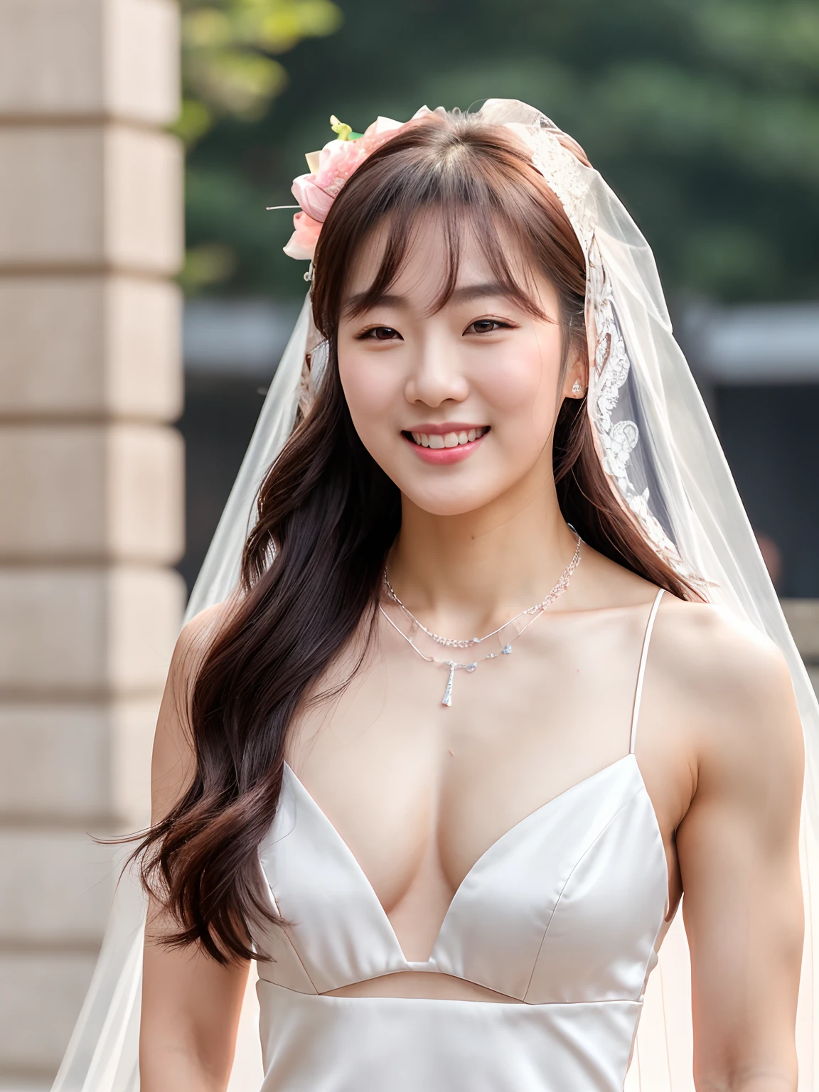 attractive korean woman, ripped muscle, muscular body, small breast, pale skin, smile(blush), bride dress, veil, thin necklace, sixpack abs, [ultra detailed skin:1.2], brown hair, messy long hair, 8k uhd, full body, stand, sweat, cum on face, crowd, public, night,