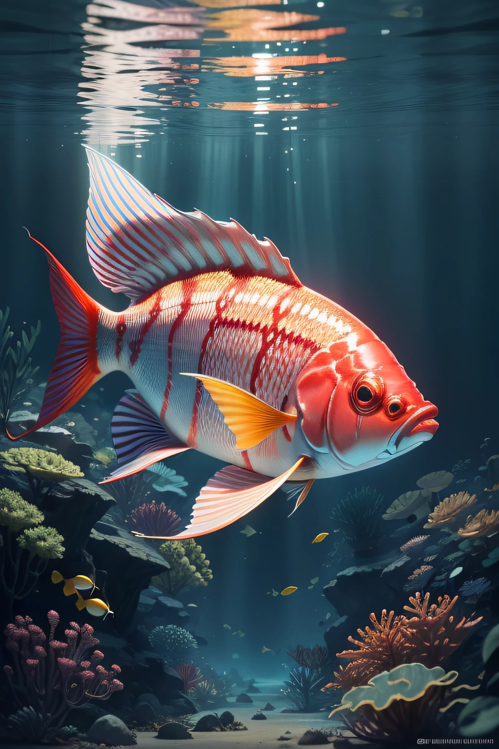 Create an NFT featuring a fish that combines realistic elements with a technological twist. As escamas do peixe devem refletir luzes azuis e vermelhas, Creating a metallic effect. Make sure that the environment in which the fish is submerged also exudes a futuristic appearance