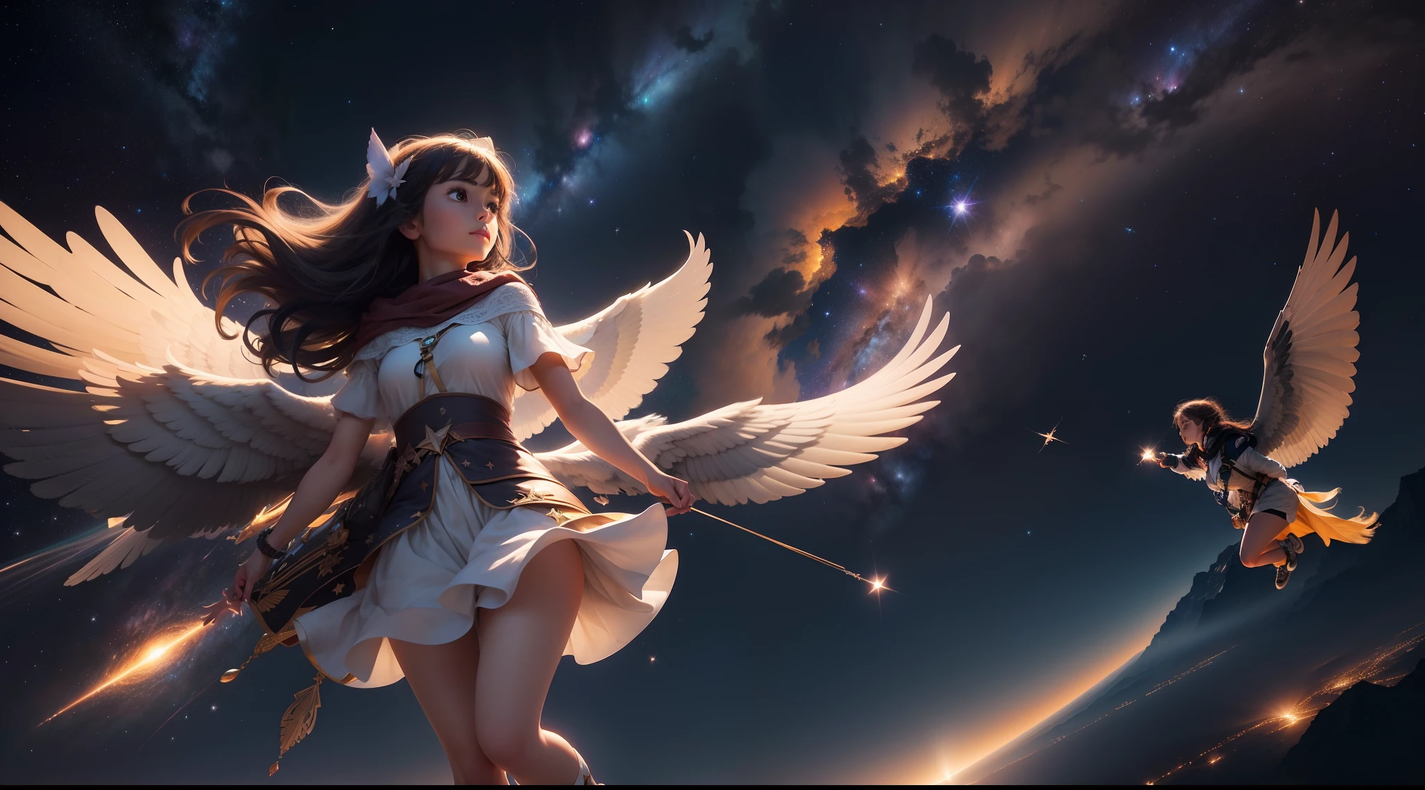 Craft an awe-inspiring image of Mia and Sparkle soaring among a canvas of stars. Convey the thrill of their flight and the vastness of the night sky.