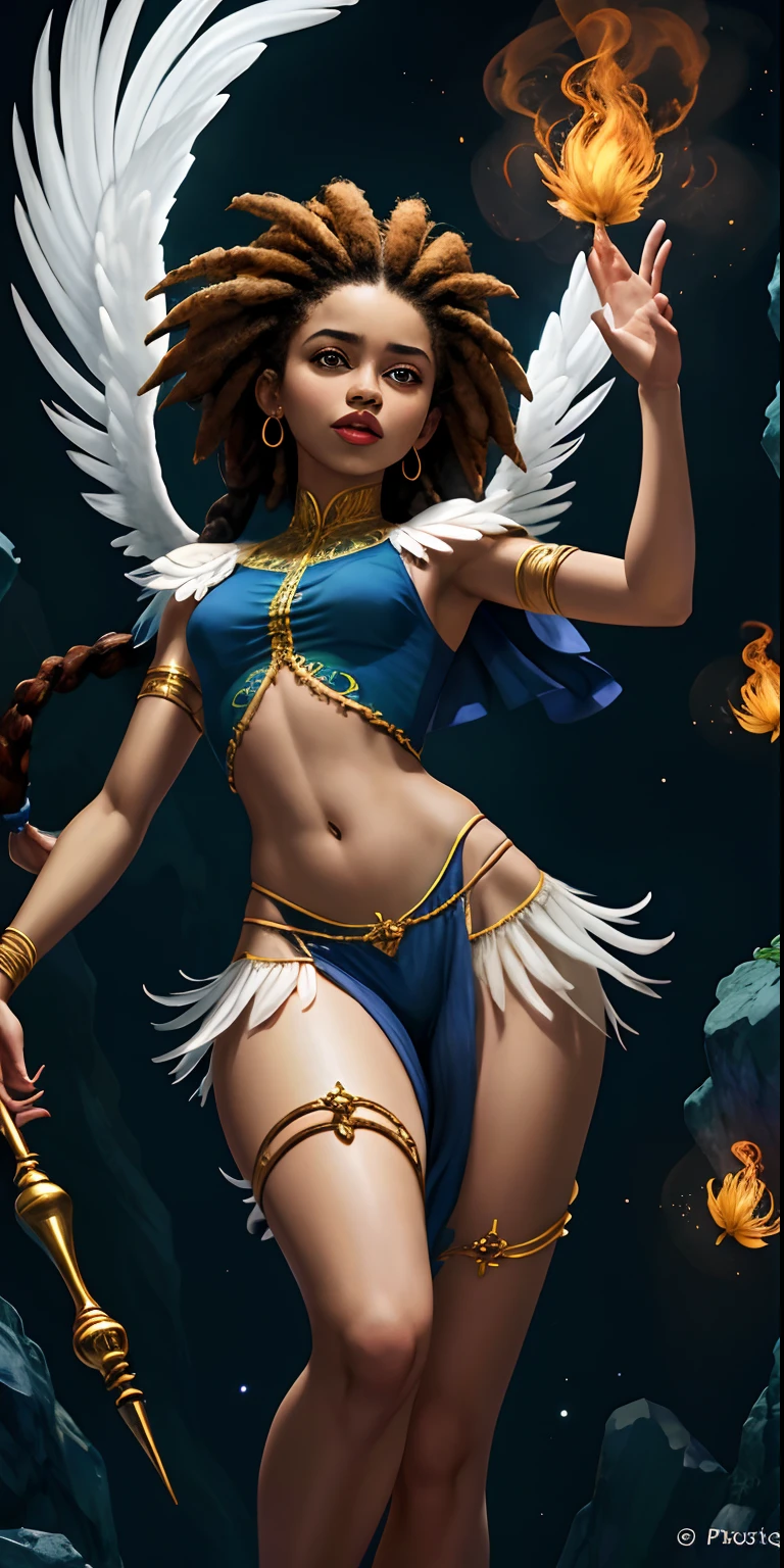 Uma mulher Moreno, de cabelo afro cabelo caindo para frente, Rasta type but braided, holding a spear in, Shape Dana spearhead informs of a , e um escudo em forma de ,, com belos seios corpo perfeito com , a wide thigh is beautiful a woman, com seios lindos corpo perfeito, uma coxa larga, is beautiful a destination with ,vario expression sexual pose, erotic cosmic fallen angel, olhos claros brilhantes, Biomechanicals, estranho, assustador, pesadelo, cores muito brilhantes, light particles, com luz brilhante, Mshiff, Arte do papel de parede, UHD Summoner Wallpaper Barefoot Female Levitating with Hair , robes and arms of cloak raised on a broken earth, luz de lava brilhante de baixo do campo de asteroides (rochas irregulares, pedregulhos e detritos disparando para o ar:1.3) (tempestade de detritos de poeira ventosa:1.1) Volumetric mist mist ray tracing z pass bright light from below, (obra-prima) (melhor qualidade) (detalhado) (8k) (cinematic lighthing) (foco nítido) (intrincado)