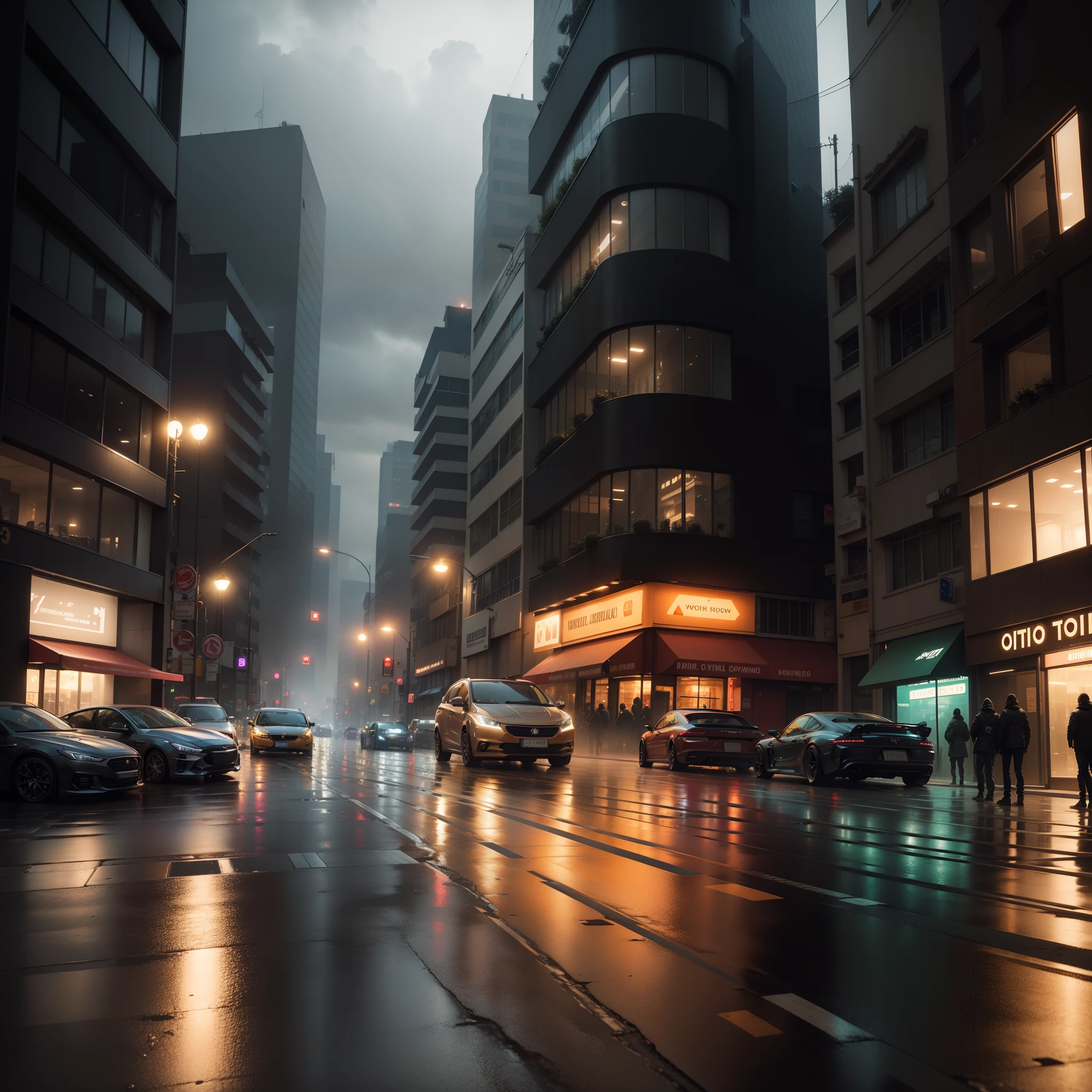 arafficial photograph of a city street with cars and buildings, rainy and gloomy atmosphere, gloomy/wet atmosphere, rainy urban streets, rainy street, rainy cyberpunk city, rainy mood, rainy atmosphere, rainy streets in the background, 32k, ultra HD, unreal engine rendered, cinematic lighting, artgerm style, bright vibrant colours with iridescent light, photorealistic image