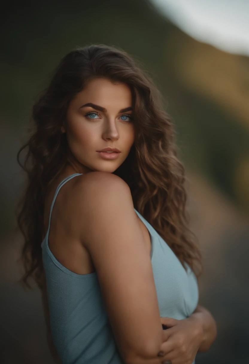 a girl with brown wavy hair, 22 years old, sharp jaw, wearing a tight light blue crop top and tight grey short shorts, light blue eyes that glisten in the light, full body shot, body is thick and curvy. no clothes.naked