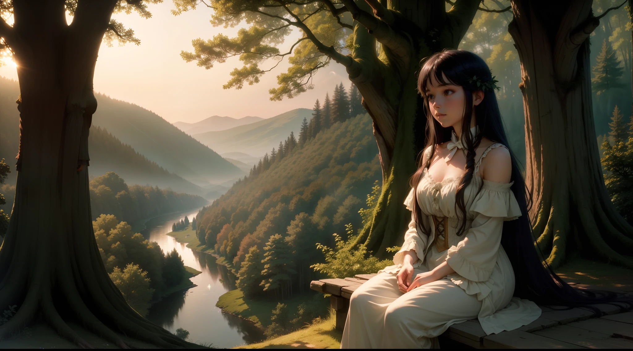 Show Mia at the forest's edge, bathed in the gentle light of dawn. She should be bidding a fond farewell to Sparkle and Luna, with the forest behind her.