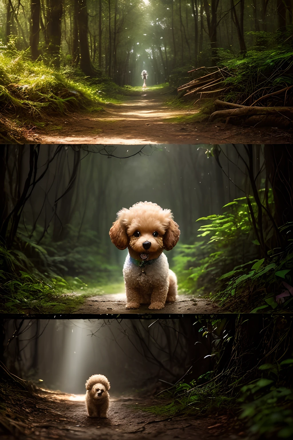 Very cute jump toy poodle in the forest close-up photo、looking in camera、soft volumetric lights、(back lighting:1.3)、(cinematic:1.2)、intricate-detail、(art stations:1.3)、