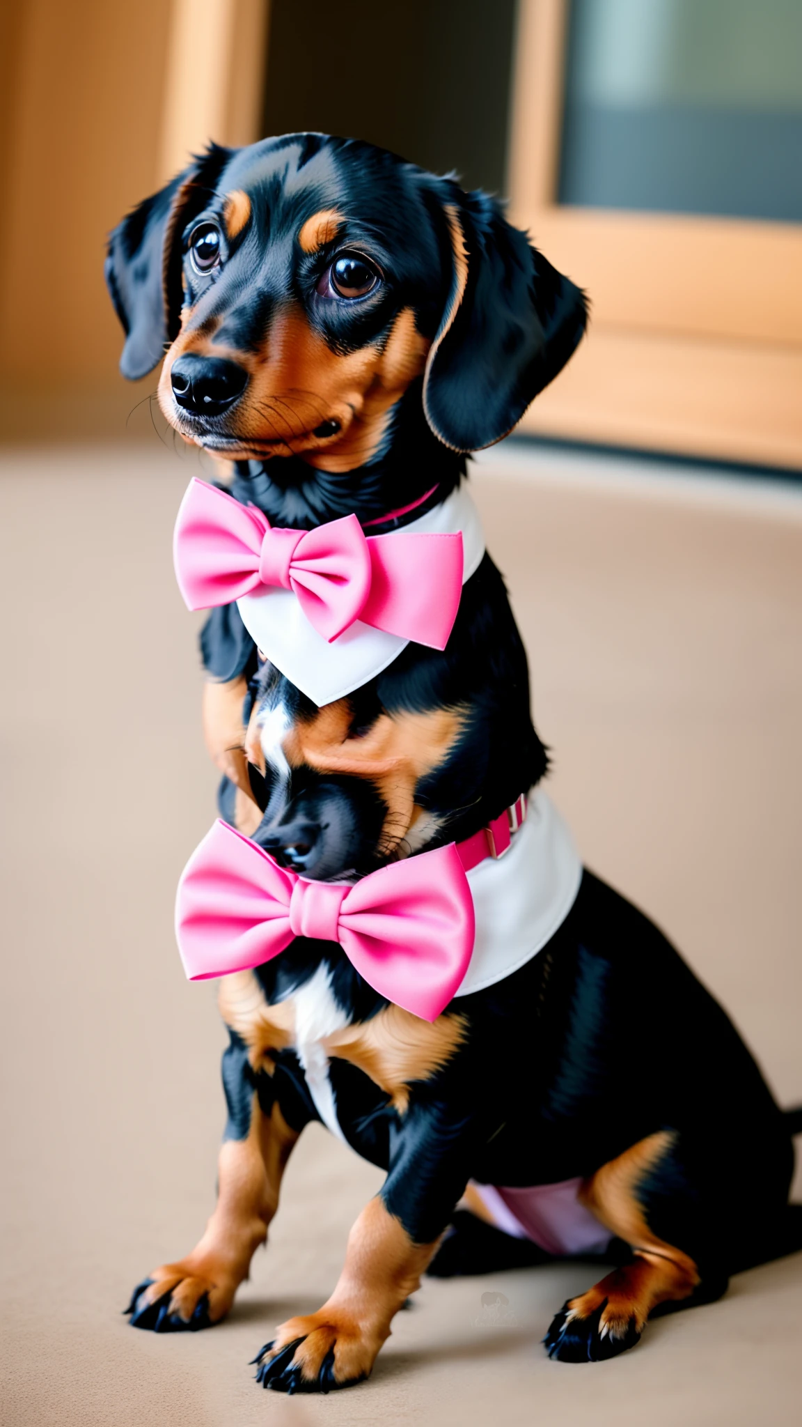 Miniature dachshund, white with light brownish red spots, with pink collar and bow