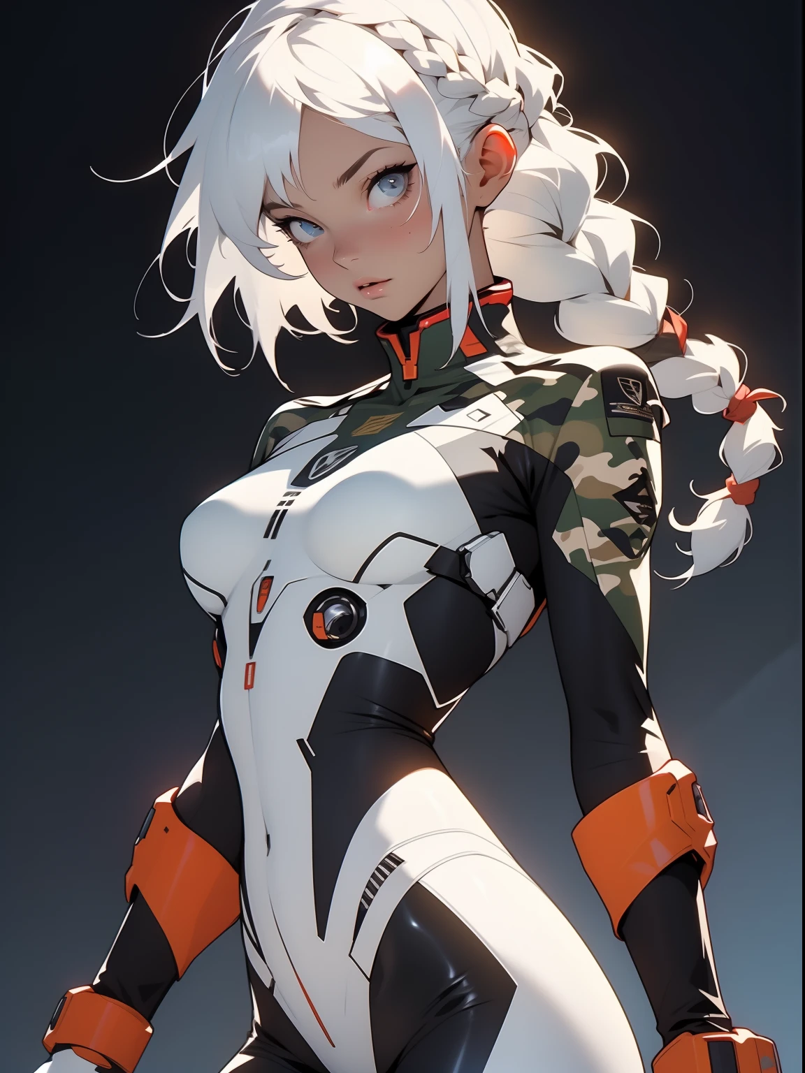 ((Best quality)), ((masterpiece)), (detailed: 1.4), (Absurd), War-ready female fighter pilot with military helmet, Marine, dark skin, defined muscular sculptural body, full body, bare half-thick thighs, closed mouth, muscular body covered in technological clothing, cyberpunk, semi naked, generous neckline, ((perfect medium breasts)), (super light blue eyes without pupils), (((military camouflage clothing)),  (((white hair with braid)))), long eyelashes heavy makeup, garter belt, by mucha, niji --V5, close to real, psychopathic, crazy face, sexy pose, background with a giant head of Neon style robot Genesis evangelion, 2 piece clothing, shoulder pads with airplane wings, pastel, centered, scale to fit the dimensions, HDR (High Dynamic Range),Ray Tracing, NVIDIA RTX,Super-Resolution,Unreal 5,Subsurface Dispersion, PBR Texture, Post-processing, Anisotropic filtering, Depth of field, Maximum clarity and sharpness, Multilayer textures, Albedo and specular maps, Surface shading, Accurate simulation of light-material interaction, Perfect proportions, Octane Render, Two-tone lighting, Wide aperture, Low ISO, White balance, Rule of thirds, 8K RAW, crysisnanosuit
