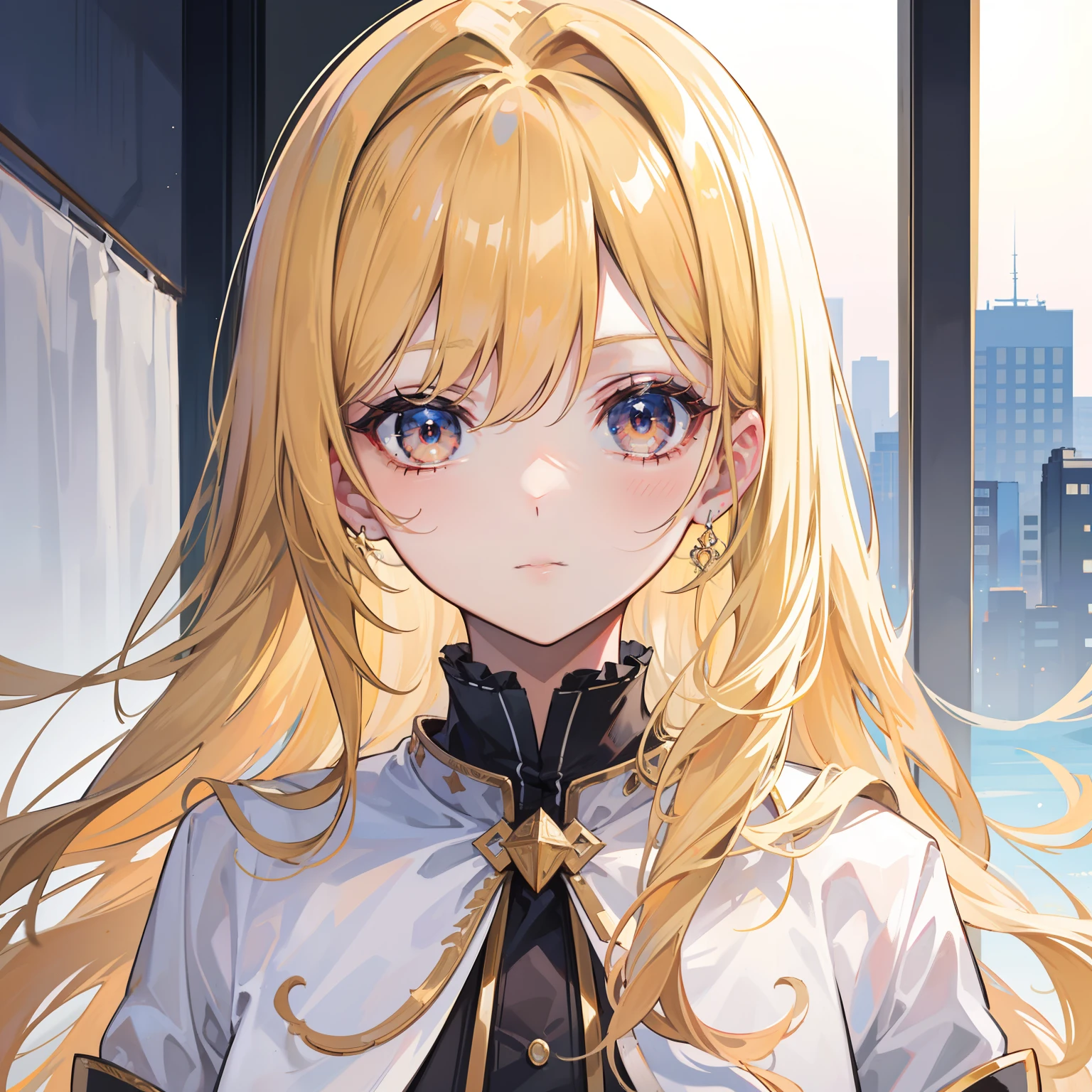 Best Quality, Masterpiece: 1.2, Ultra Detail, (Portrait), (Highest Detail Face: 1.2), 1girl, Long hair, Eye level view, Extreme closeup, blonde hair, unsual eyes