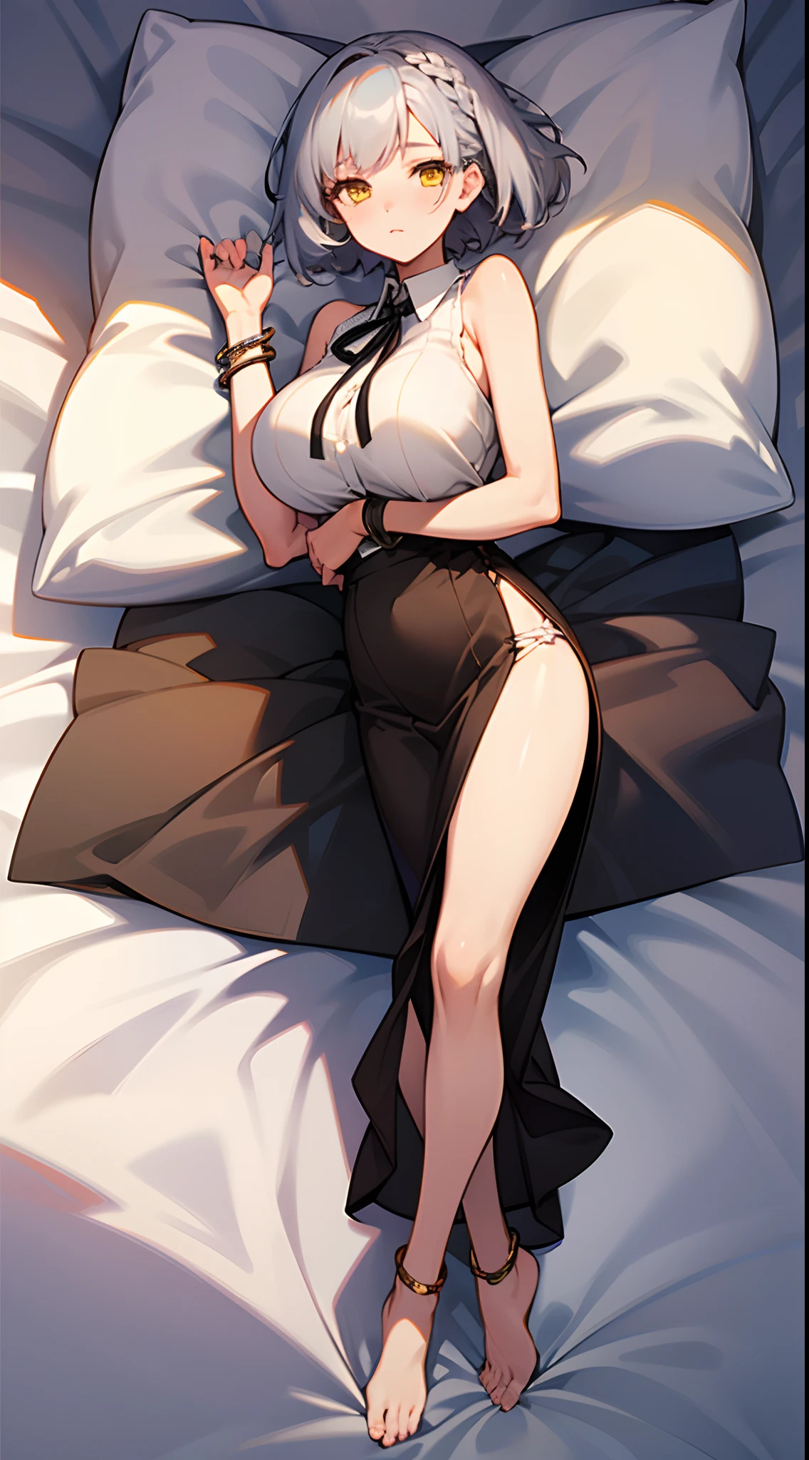 1 girl, game CG, brown sleeveless shirt, short slit skirt, neck ribbon, bangles, gigantic breasts, silver hair, short hair, french braid, yellow eyes, dakimakura, full body,