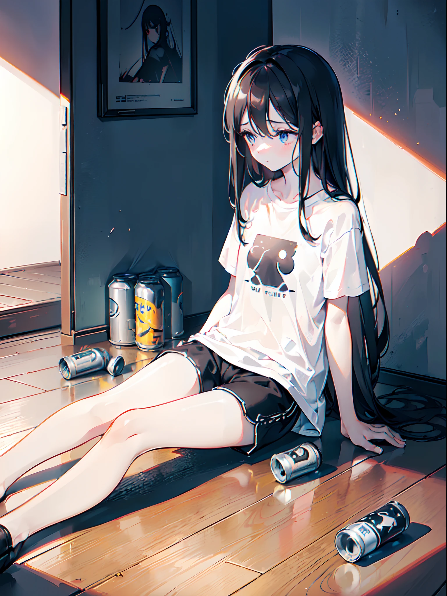 ((masuter piece)), ((Best Quality)), ((Ultra-delicate)), (one girls, Dark hair, place々bouncing hair, length hair:1.2), (About 10 years old, Wrinkles under the eyes, Depressed look, Eyes that have lost their light, Looking into the distance:1.3), (white t-shirts, Black shorts:1.3), (Sitting on the floor, Holding a can:1.3), (Empty cans scattered on the floor, darkened room:1.3), ((delicate illustration)),