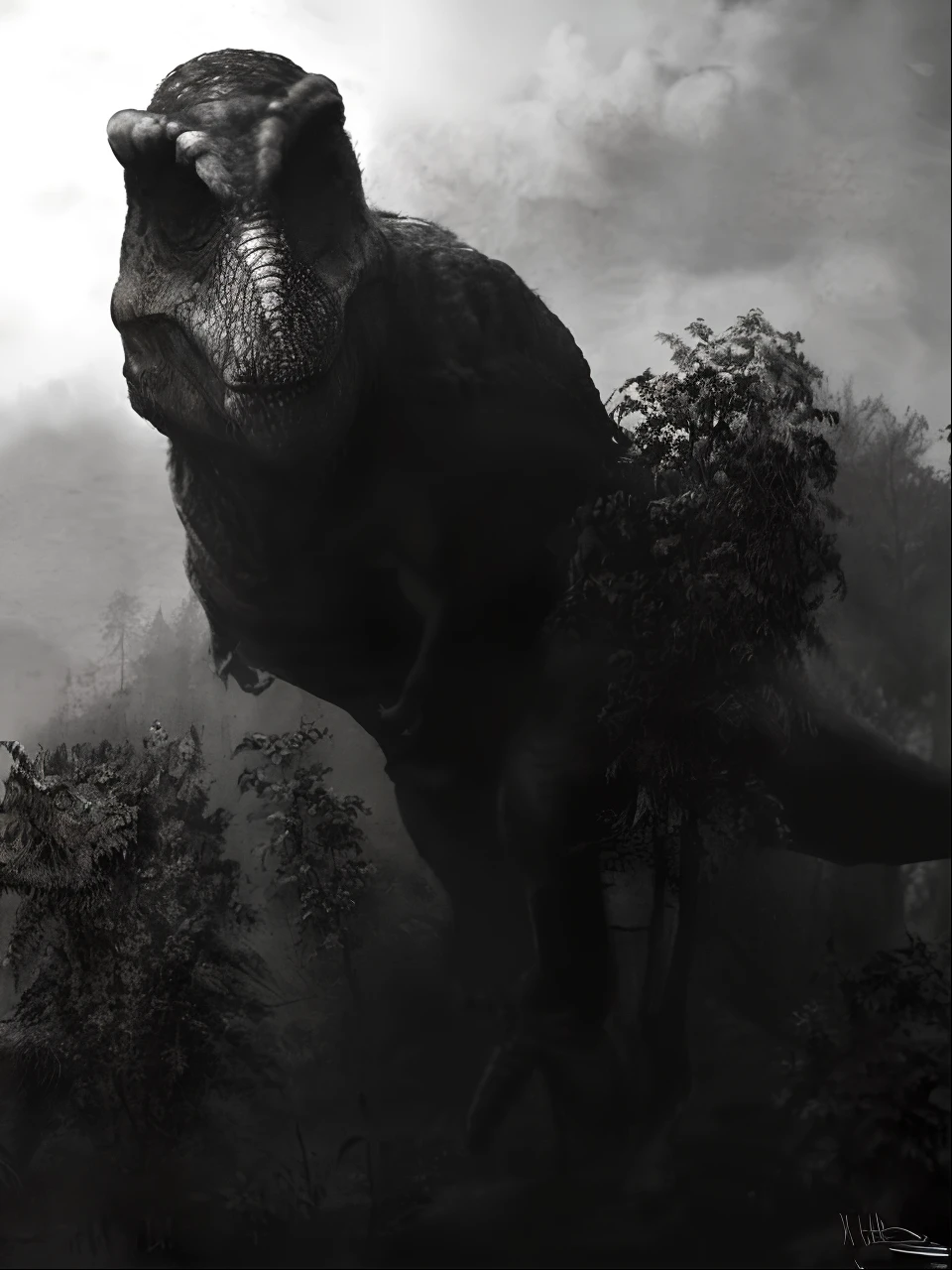 Uma foto em preto e branco de um dinossauro na floresta, inspirado em Adam Rex, Directed by: Ivan Meštrović, Directed by: Kristian Kreković, Tiranosaro Rex, Directed by: Adam Marczyński, Tiranossauro, T-Rex, t - rex, at the time of dinosaurs, Tiranossauro rex, Dinossauro Trex