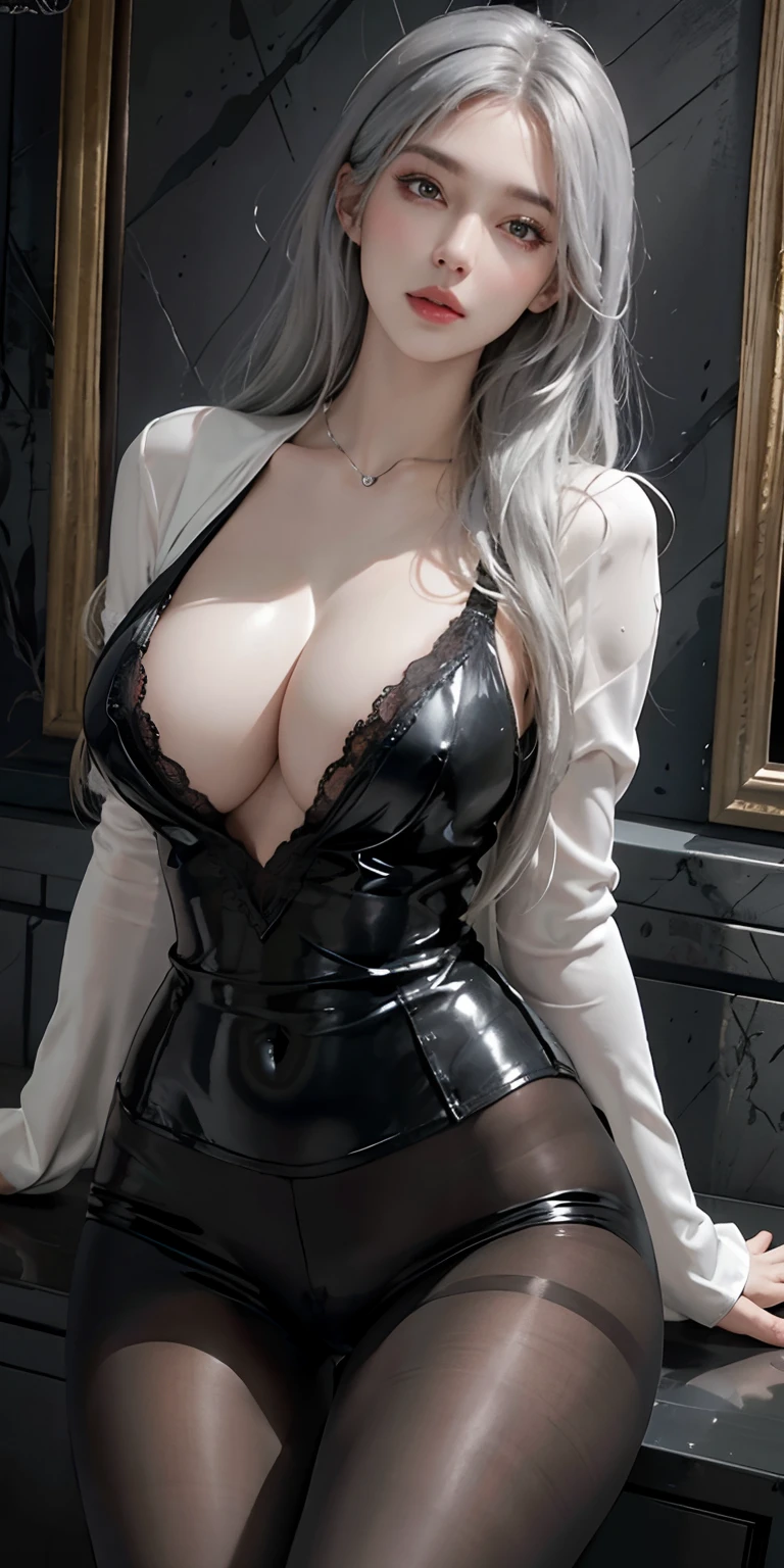 photorealistic, high resolution, soft light,1women, solo, hips up, (detailed face), silver hair, black lace lingerie, pantyhose, bodysuit, tattoo, jewelry,huge boobs,full uper body part exposed