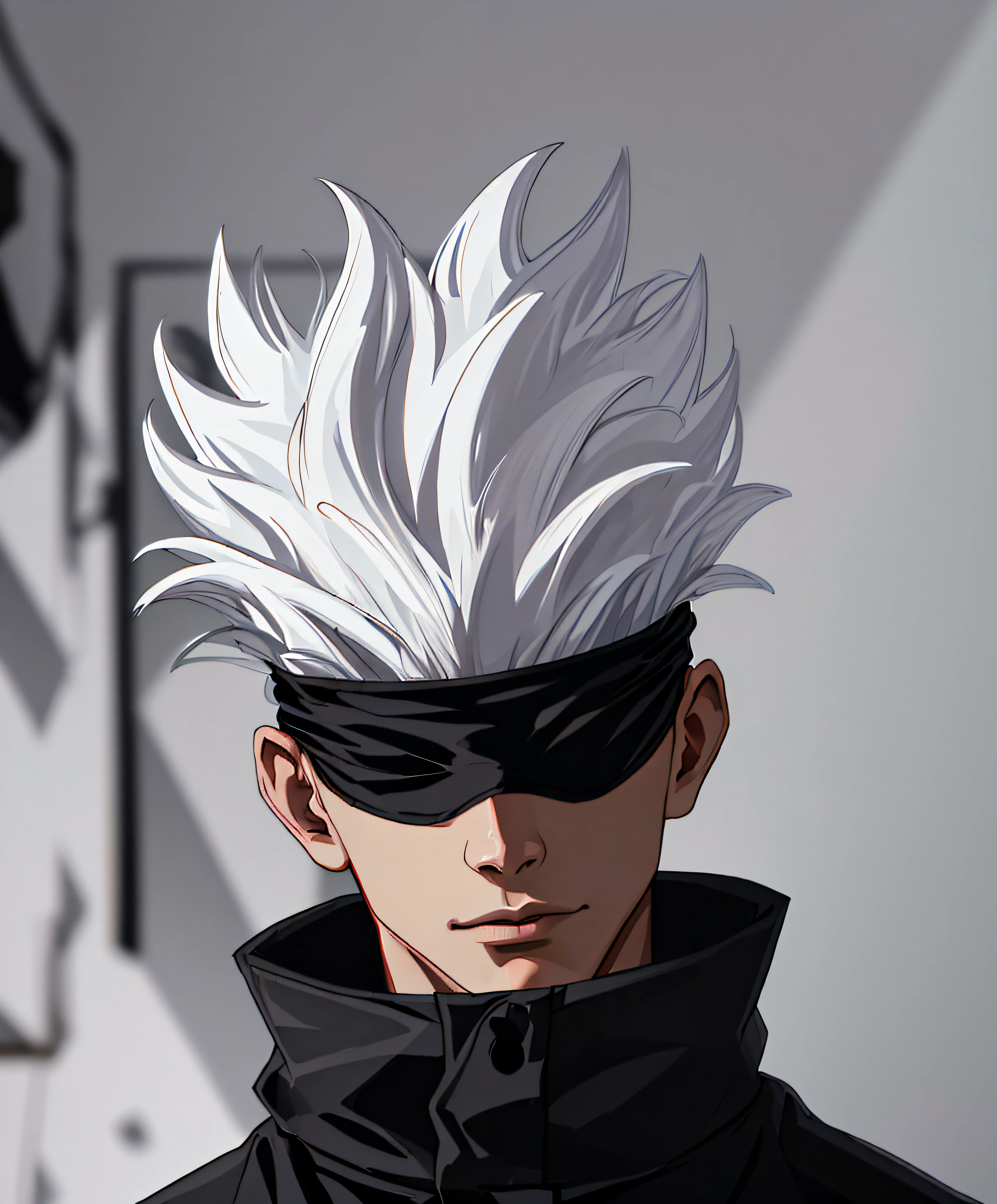 (absurdres, highres, ultra detailed, HDR), masterpiece, best quality, 1man, solo, handsome, short hair, white hair, black blindfold, black jacket, gojo,