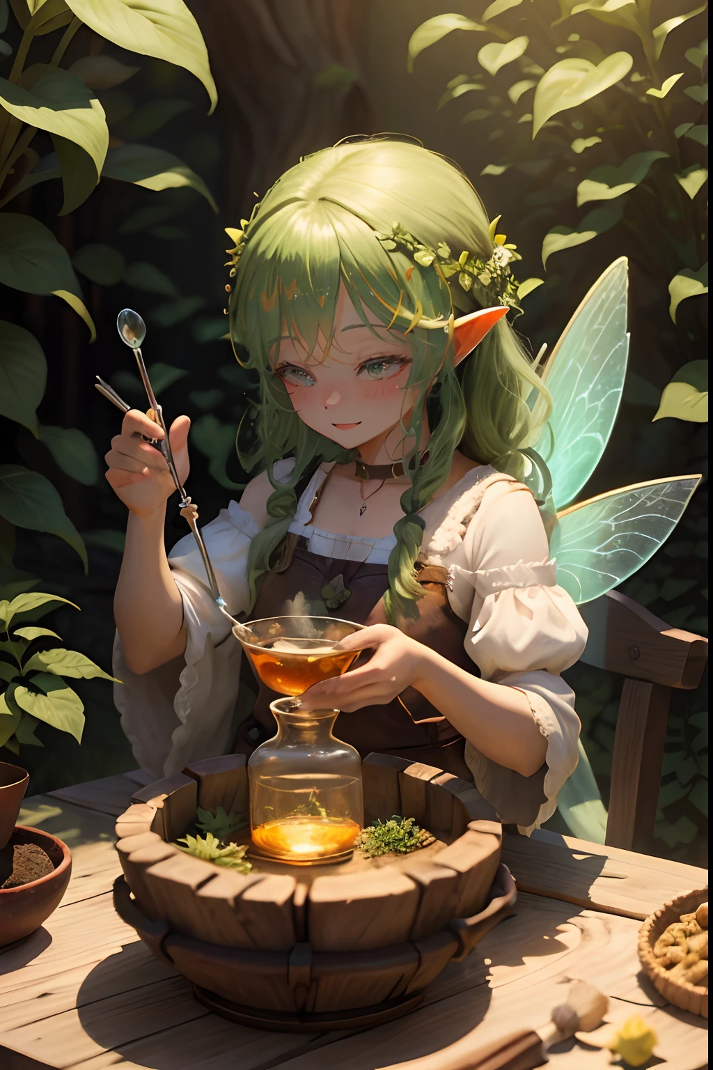 There is a fairy, smiling woman sitting at a table with a bowl of honey, Arte no estilo de Guweiz, loish e wlop, estilo de arte de fantasia, Loli, 2. 5 d cgi anime fantasia arte, fairy aesthetics, Guweiz, anime em estilo fantasia, Menina elfa, arte digital detalhada bonito, Making a magic potion
