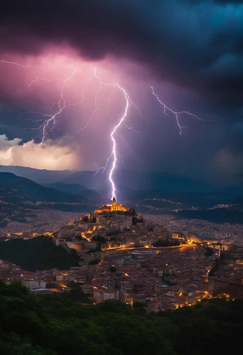 cidade, There is at the top of the Montain, (melhor qualidade, 8k, 12), , in the sky with a storm cloud and lightning.