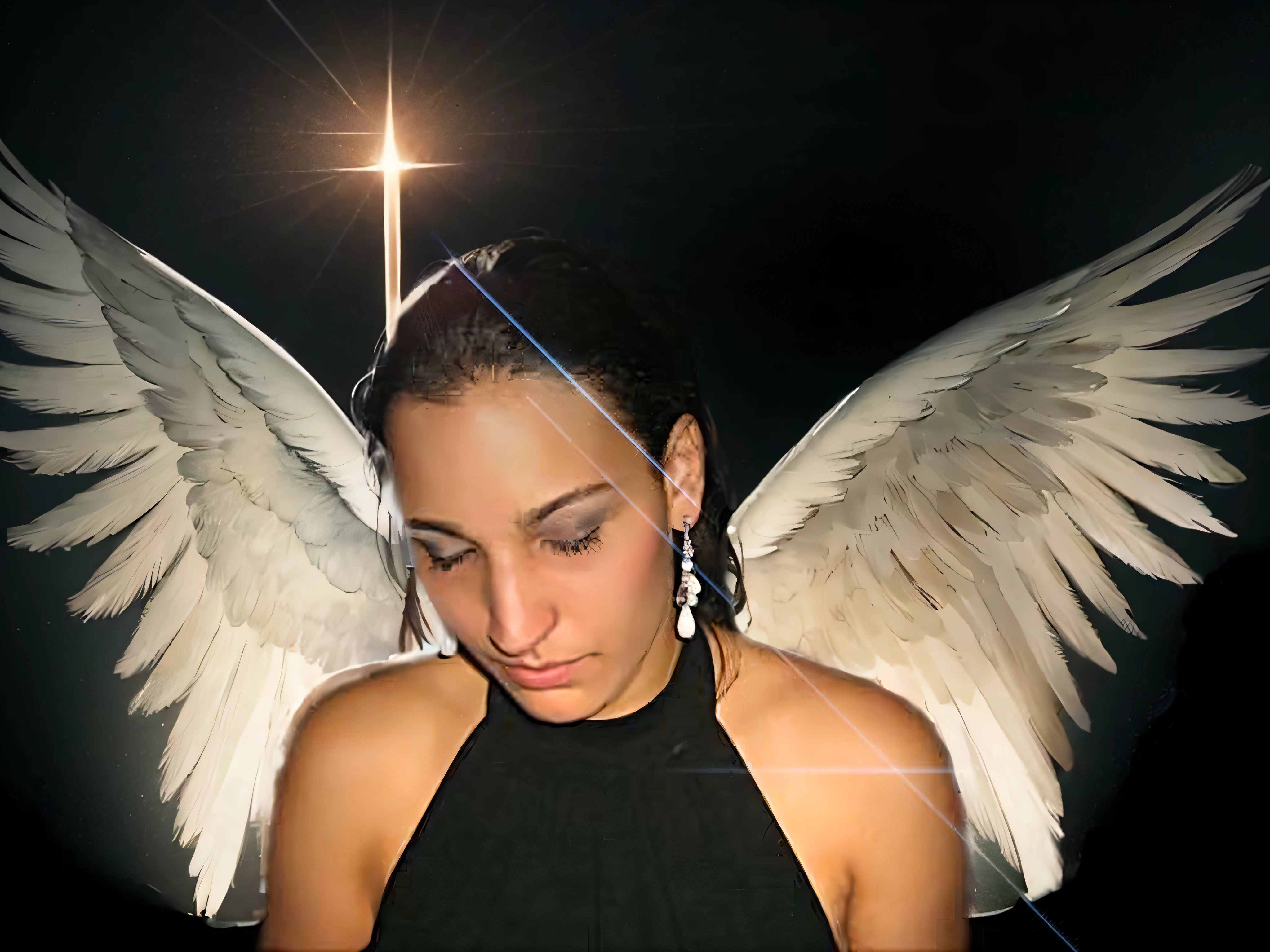 there is a woman with a black dress and angel wings, wearing angel halo, angel halo, wearing angel, glowing angelic being, girl with angel wings, infinite angel wings, infinite angelic wings, super wide angel, angelic wings, grand angel wings, of an beautiful angel girl, wings made of light, of beautiful angel, angelic, angelical, angel, wide angel