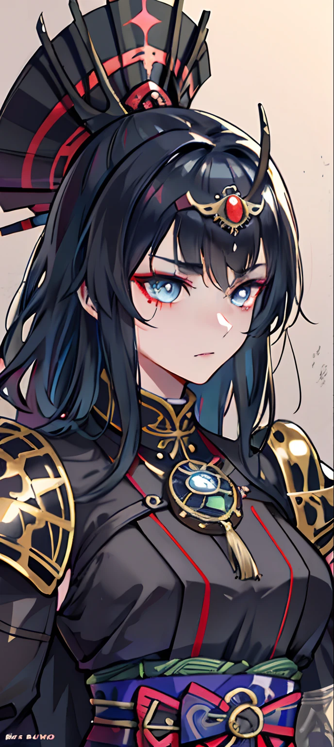 A woman in samurai armor，The neck and waist are hairy, Put on the devil's helmet, Dusty detail ornaments, Tired of fighting, Male Warrior, Armor, Epic, face scar, dnd character portrait, Intricate, 8K resolution, Dynamic lighting, ultra - detailed, Unreal 5, voluminetric lighting, Alphonse Mucha, Pre-Raphaelite, Detailed background, mandalas, Detailed face, Detailed eyes, neon eyes