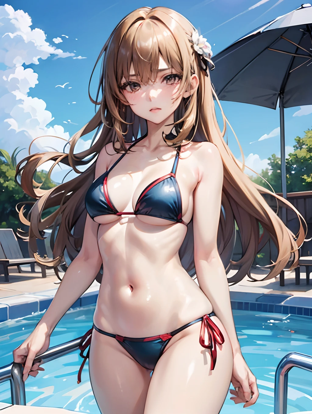 {{Teenage female, Caucasian,}}, Looking at Viewer, Hazel eyes, Extremely detailed, Brown hair, Blonde hair, Red hair, Black hair, {{Blue bikinis, same color bikinis}}, Pool, Best Quality, High quality, extremely detailed anime screencap、cool expression
