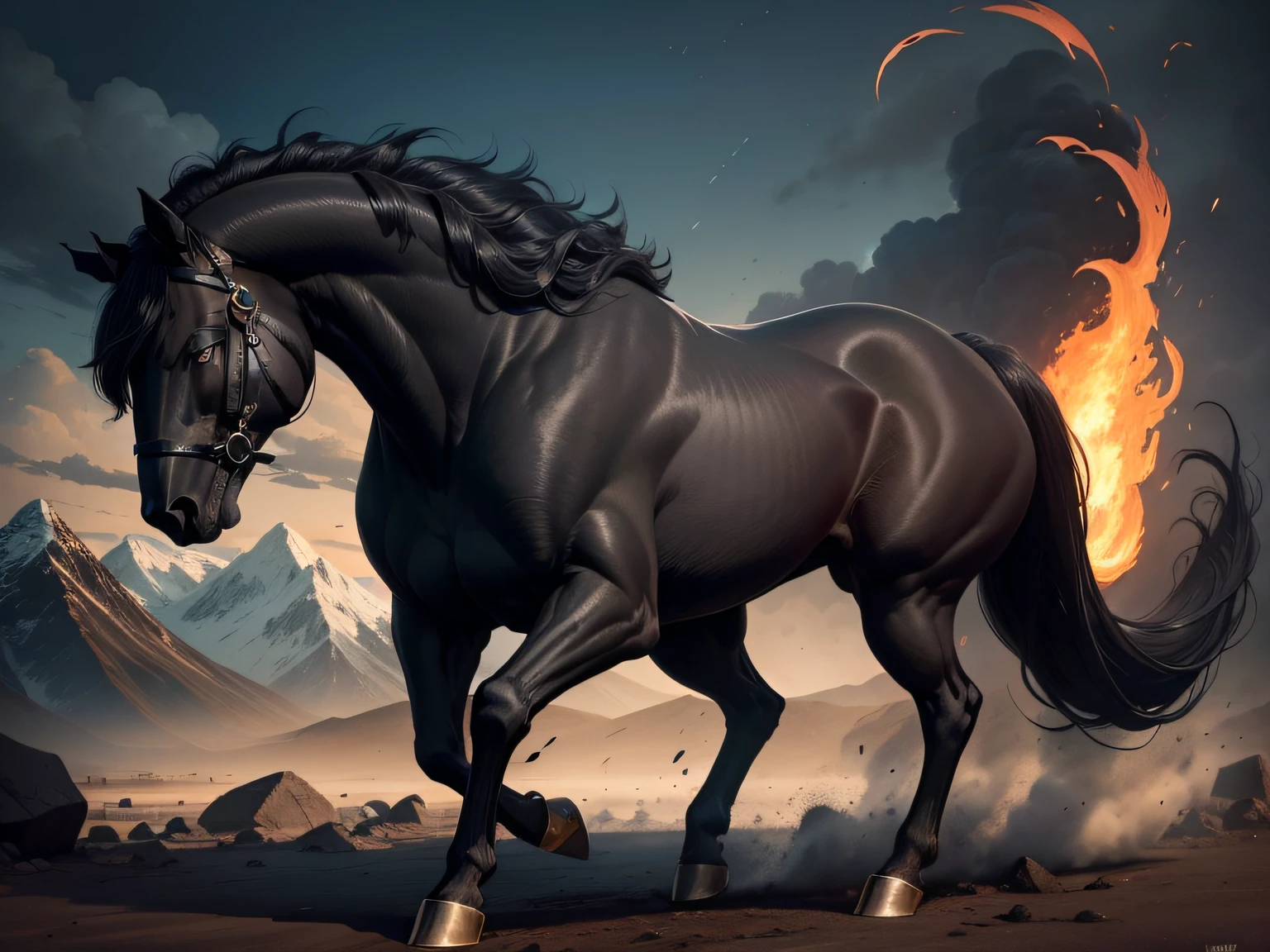 A large and powerful black horse, with eyes that gleam like fire. It has shiny black fur and a long tail. It has sharp horns on it head and a body as massive as a mountain.