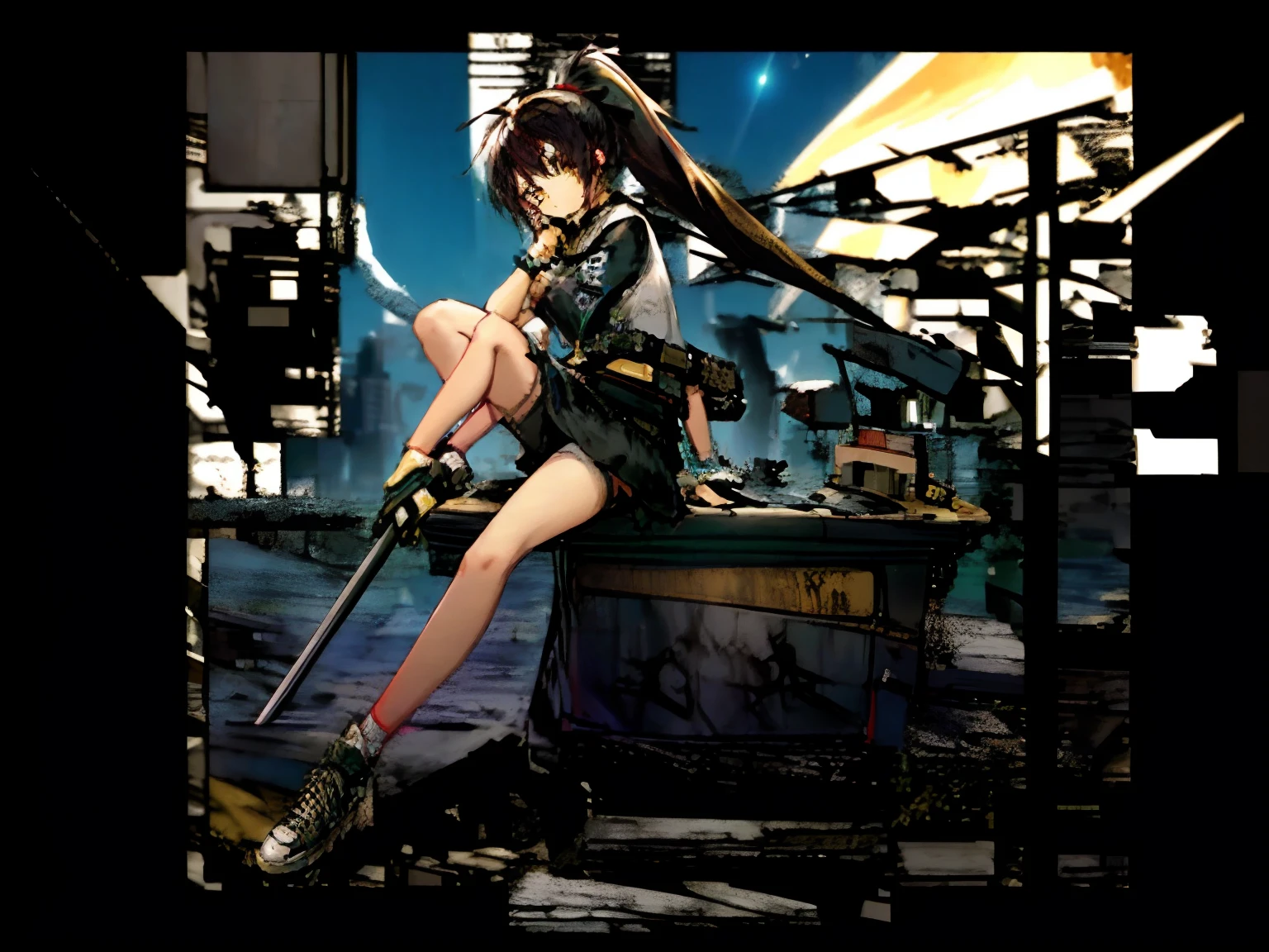 Anime girl sitting on bridge,The background is the full moon, From the Ark of Tomorrow,Ark of tomorrow style, Fine details. Girl Front, guilty gear , Best anime 4k konachan wallpaper, Ark of tomorrow,Vertical painting on the front,Black hair mixed with gray hair,Golden eyes,High ponytail,There are tear stains,Black baseball bat uniform and tights,But the lower body is wearing a short skirt,athletic sneakers,A white silk,A black thread,leg loops,slender woman,nigth,alleys