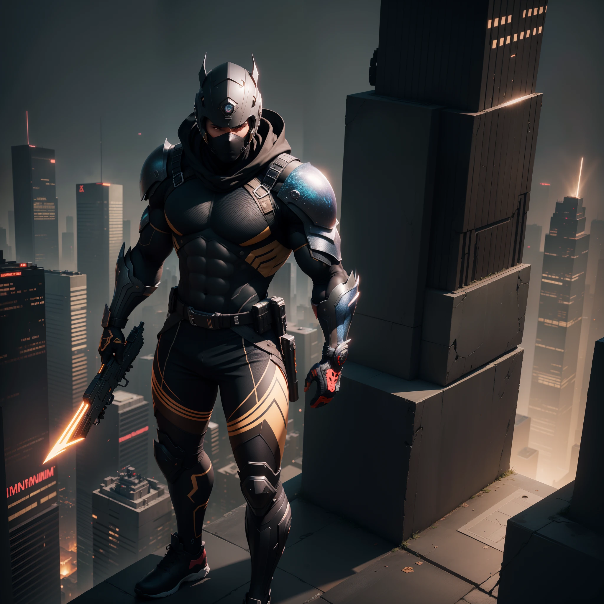 A black man dressed in African designed ninja clothes, holding a a gun with a city view, standing on a skyscraper rooftop, standing on a skyscraper rooftop, standing on rooftop, city rooftop, perched on a skyscraper, standing on a rooftop, high above the ground, night time with dark clouds in the sky, 32k, ultra HD, unreal engine rendered, cinematic lighting, artgerm style, bright vibrant colours with iridescent light, photorealistic image