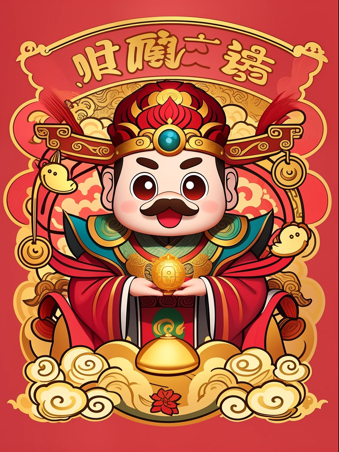 The God of Chinese Prosperity author：Atbi, God of Wealth, the god emperor of mankind, inspired by Park Hua, Journey to the West. Pop art, Monkey king, an ancient Chinese goddess, chinese empress, hand painted cartoon art style, ancient china art style, inspired by Luo Ping, inspired by Dong Yuan, A beautiful artwork illustration, The king of artificial intelligence art