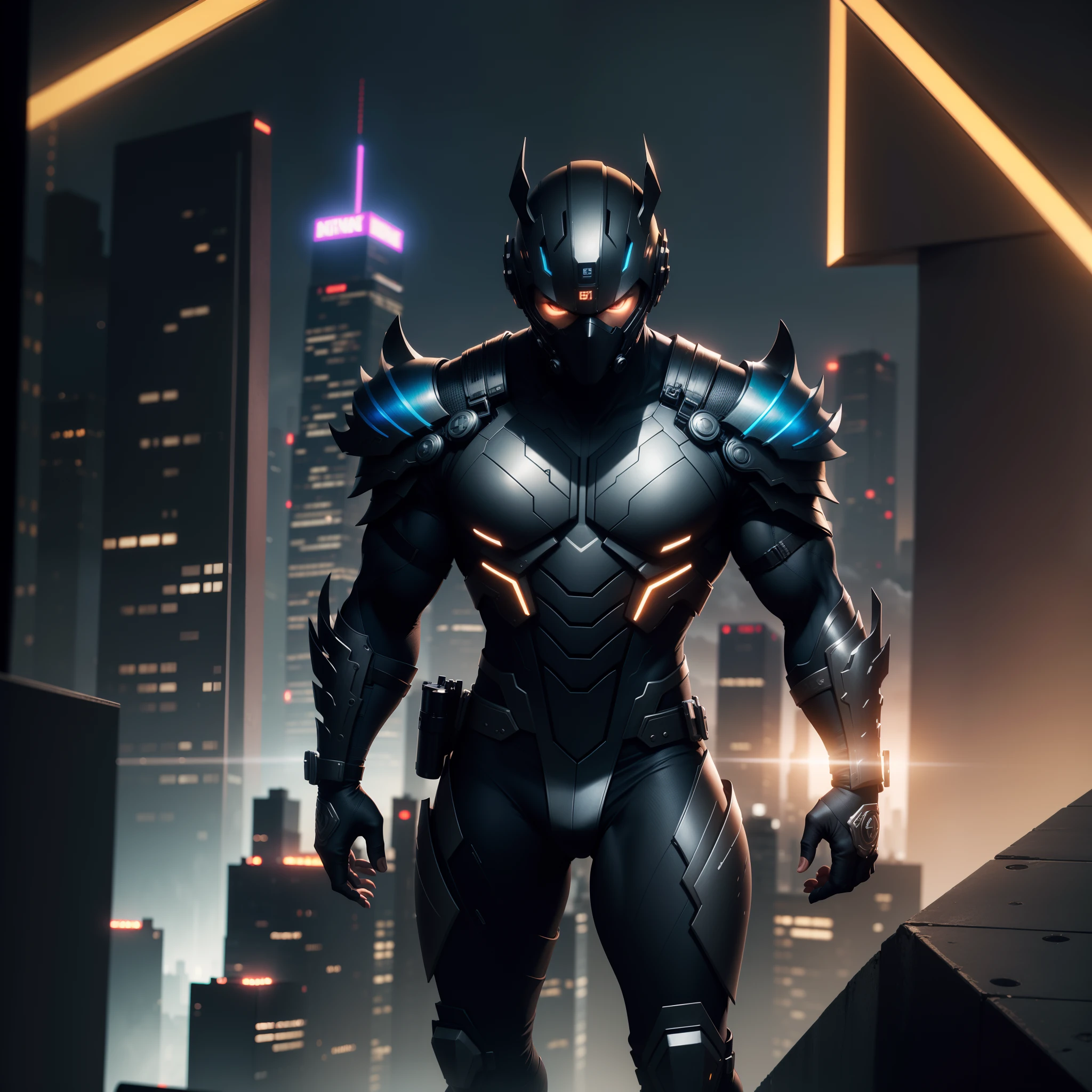 A black man dressed in African designed ninja clothes, holding a a gun with a city view, standing on a skyscraper rooftop, standing on a skyscraper rooftop, standing on rooftop, city rooftop, perched on a skyscraper, standing on a rooftop, high above the ground, night time with dark clouds in the sky, 32k, ultra HD, unreal engine rendered, cinematic lighting, artgerm style, bright vibrant colours with iridescent light, photorealistic image