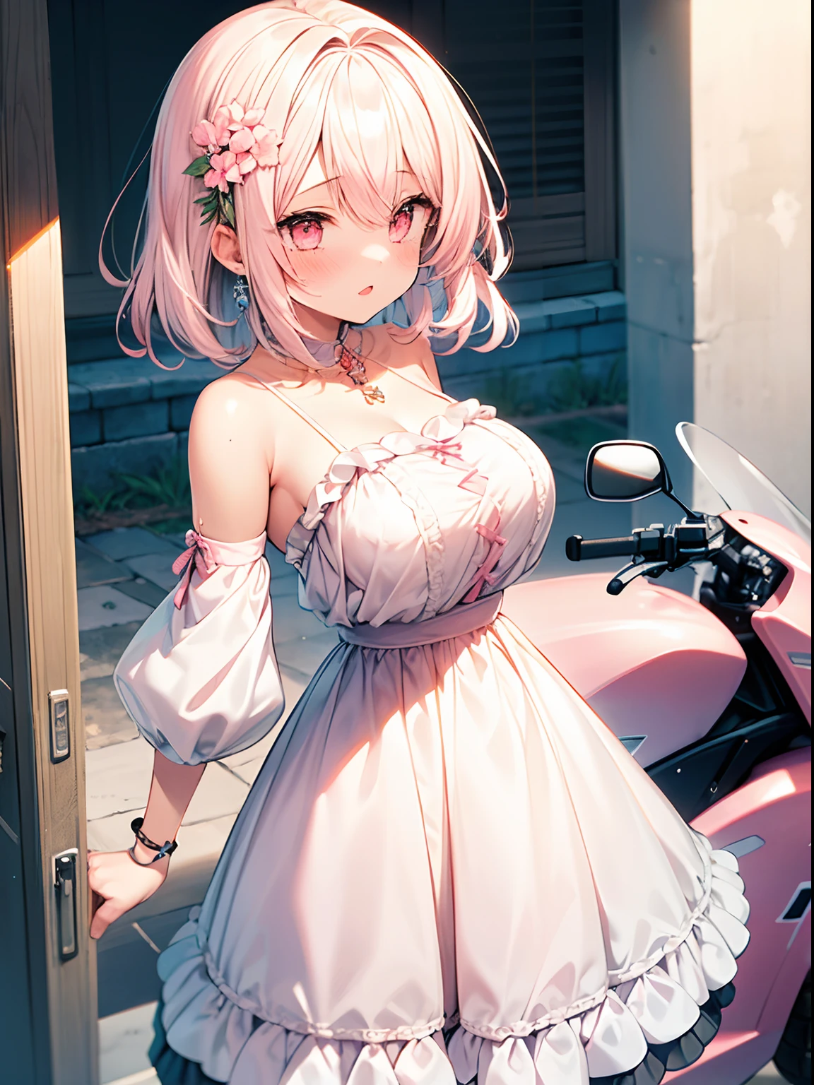 best quality, masterpiece, absurdres, highres, (1girl:2), (short shaggy perm hair:1.6), (light pink hair:1.5), (Ruffled chiffon dresses:1.4), fancy, best hands, perfect hands, break fancy, fancy, fancy, (flower effect:1.2), (cowboy shot:1.4), (perfect anatomy:1.3), break In front of (a large pink motorcycle:1.6),
BREAK
a girl stands confidently, her gaze proudly fixed on the large pink motorcycle.
BREAK
Behind her, a road stretches out under a vast blue sky.