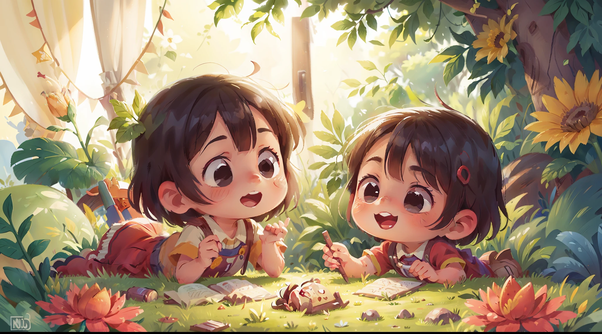 A little girl and boy, playing in a garden,cheerfulness,，rejoice，Perfect quality，Clear focus（Clutter - home：0.8）， （tmasterpiece：1.2） （realisticlying：1.2） （bokeh） （best qualtiy） （detailedskin：1.3） （complexdetails） （8K） （detailedeyes） （Sharp focus）,（having fun),indonesian,rich in color,water color