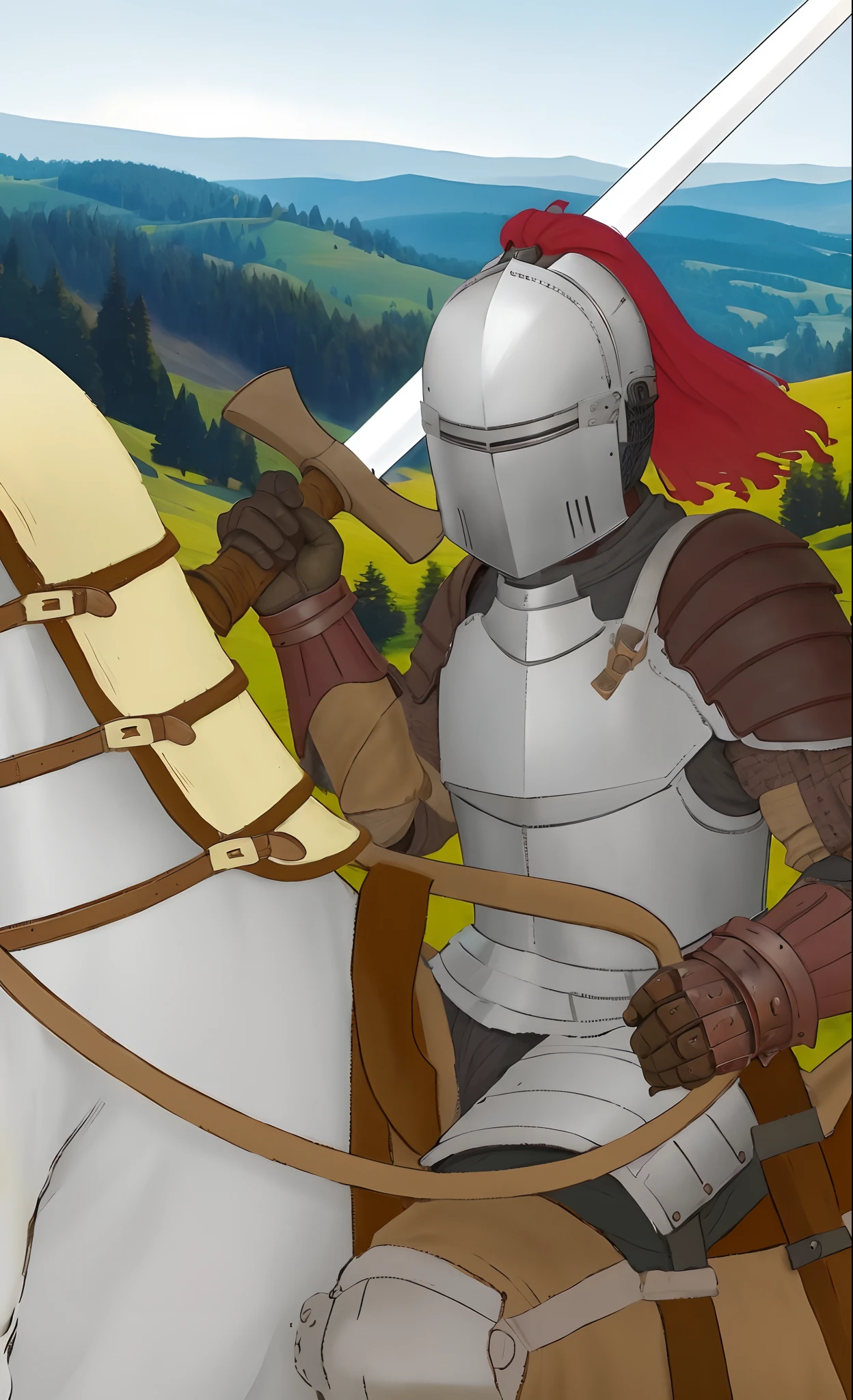 Horseman, man, wearing a full face helmet, age of 38, muscular, middle-aged, South Europe people, correct anatomy of two hands, European, 16th century, renaissance, age of exploration, holding a sword, riding on a horse, face is behind the helmet and cannot see the face, mediocre,Featureless, not impressive clothed in ancient battle armor, wearing shining plate armor, fantasy knight