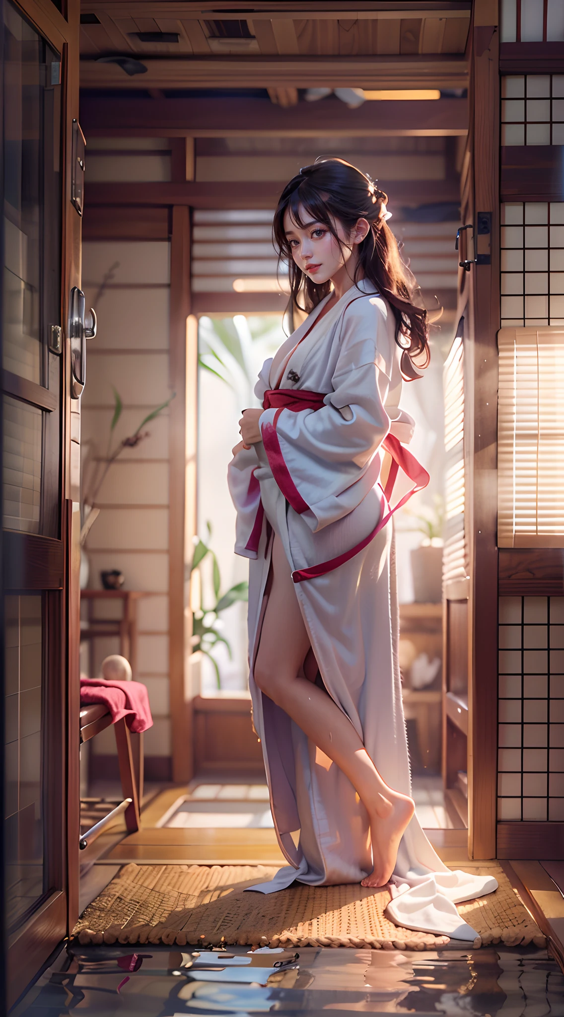 (The FW), 1womanl, Solo, 24 year old, 7headed body, (cute  face), (Ideal ratio body proportions), traditional Japanese room, (((Bathrobe on top of naked))), Wet, Clothes are see-through, Smiling smile, long , de pele branca, small tits, A slender, Dark hair, short-hair, beauty legs, Small buttocks, Skinny Legs, surrealism, Cinematic lighting, depth of fields, One-person viewpoint, F/1.8, 135 mm, nffsw, masutepiece, ccurate, Anatomically correct, Textured skin, Super Detail, high details, High quality, awardwinning, Best Quality, hight resolution, 8K