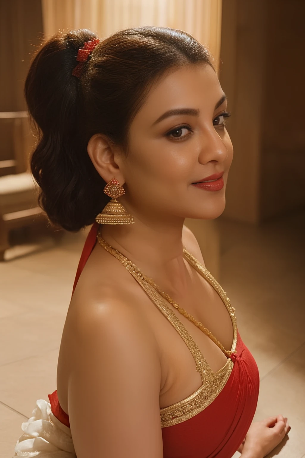 Day scene, close up photo of a sexy Indian maid, cleaning floor in a palace, big cheeks, curvy, super stylish red saree with wide open breasts, accessories, earrings, necklace, erotic face, 36 yo, ponytail, look at viewer and smile, (cinematic:1.3), intricate details, (ArtStation:1.2)