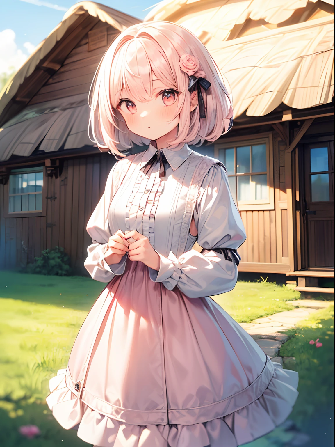 best quality, masterpiece, absurdres, highres, (1girl:1.6), (short shaggy perm hair:1.6), (light pink hair:1.5), fancy, best hands, perfect hands, break fancy, fancy, fancy, (flower effect:1.2), (cowboy shot:1.4), (perfect anatomy:1.3), white lace, (closed collar long-sleeved blouse:1.2) with frilled and ribbon, a volumey pannier under an (aesthetic cottage-core Renaissance long dress:1.6) with (lots of layered frills:1.2) and stripes, (lace ruffle socks:1.2), platform shoes
