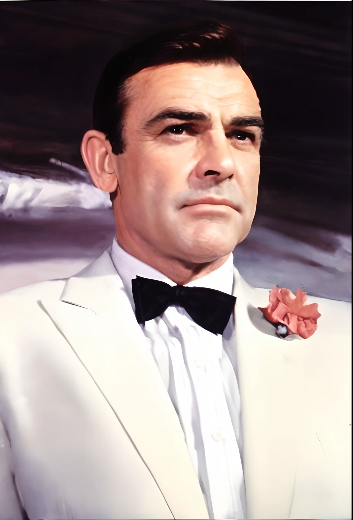 Alafed man in white suit and bow tie stands in front of painting, Sean Connery, still photo of james bond, James Bond film stills, Sean Connery(big boss), James Bond, iconic film character, Spies in the 1960s, biopic, Wearing a white tuxedo, lapel, smug smirk, Handsome man, from a movie scene